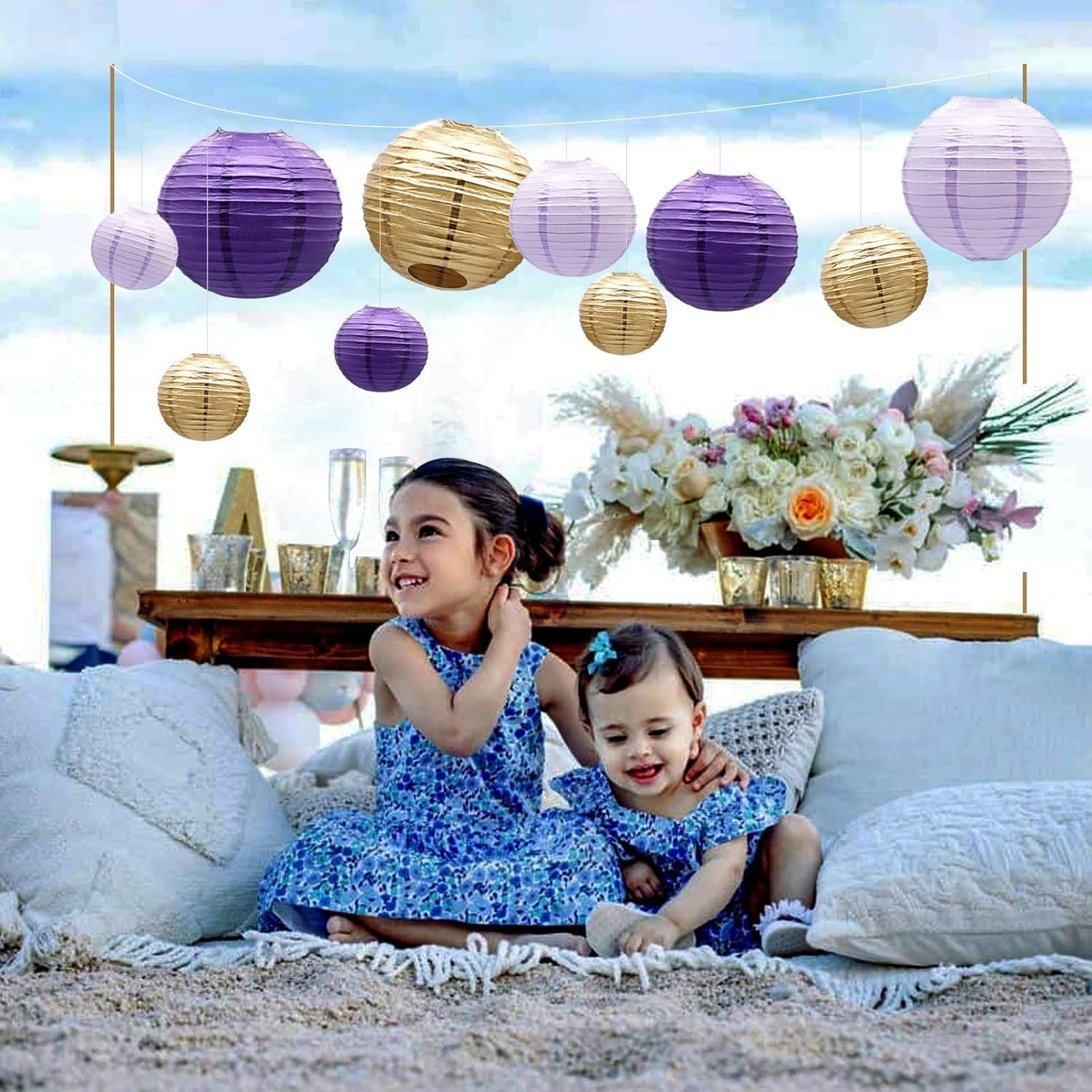 Wholesale Decorative Round Hanging Paper Lanterns Party Supplies Graduation Bachelorette Gender Neutral Baby Shower Birthday Decorations Purple Lavender Gold 21pcs Supplier