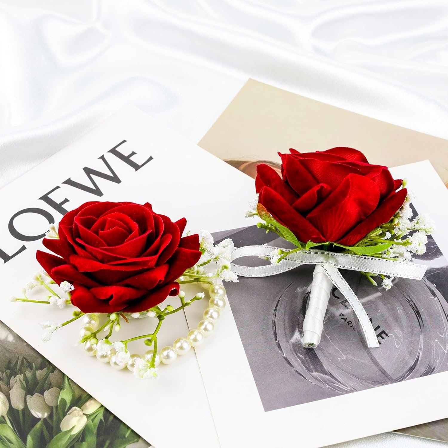 Wholesale 2Pcs Red Rose Corsage Wristlet Band Bracelet and Boutonniere Set for Prom Wedding Party Suit Decoration Supplier