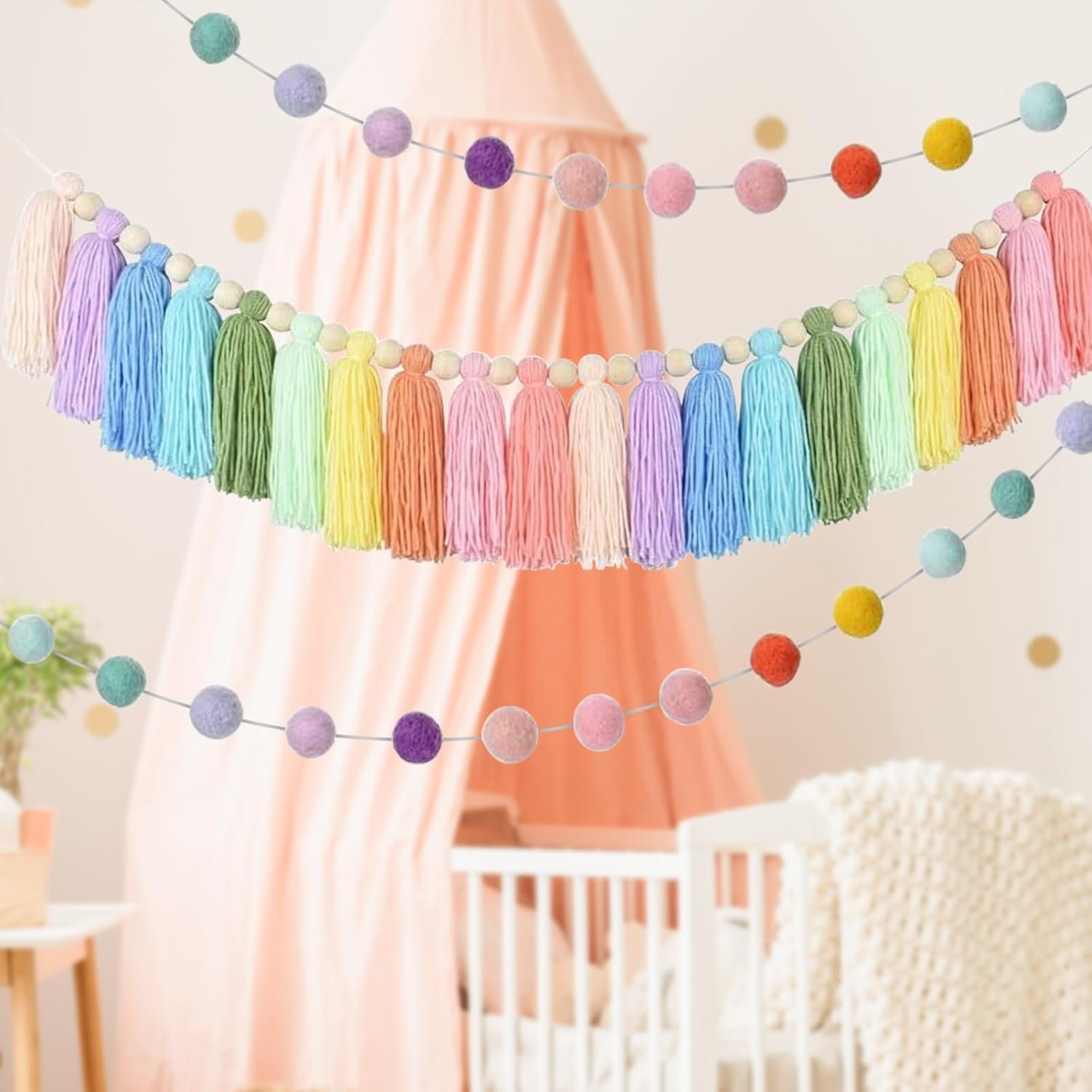 Wholesale 2pcs Boho Tassel Pom Pom Garland 6.5 Feet Long 20 Balls Colorful Pastel Wall Hanging Party Decor Banner Wedding Birthday Baby Shower Supplier