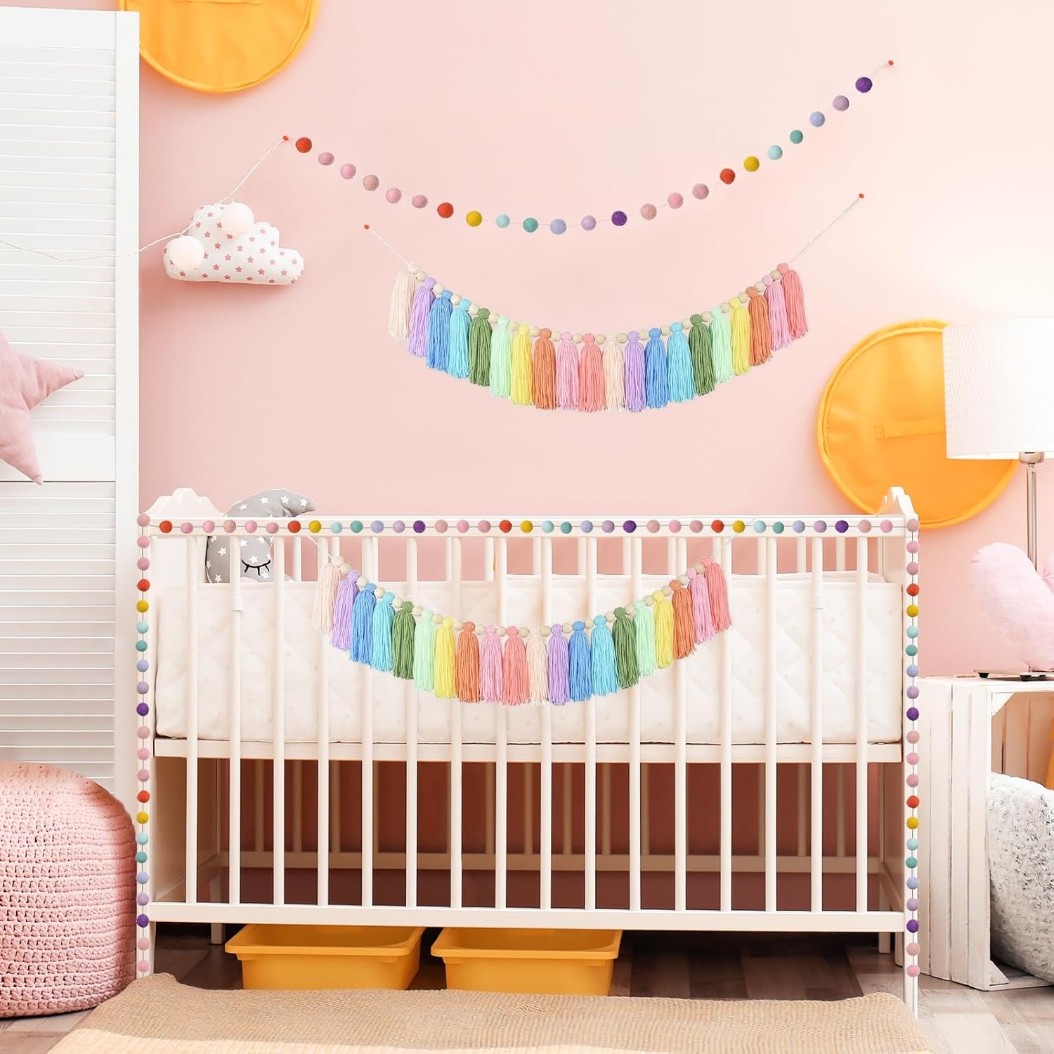 Wholesale 2pcs Boho Tassel Pom Pom Garland 6.5 Feet Long 20 Balls Colorful Pastel Wall Hanging Party Decor Banner Wedding Birthday Baby Shower Supplier