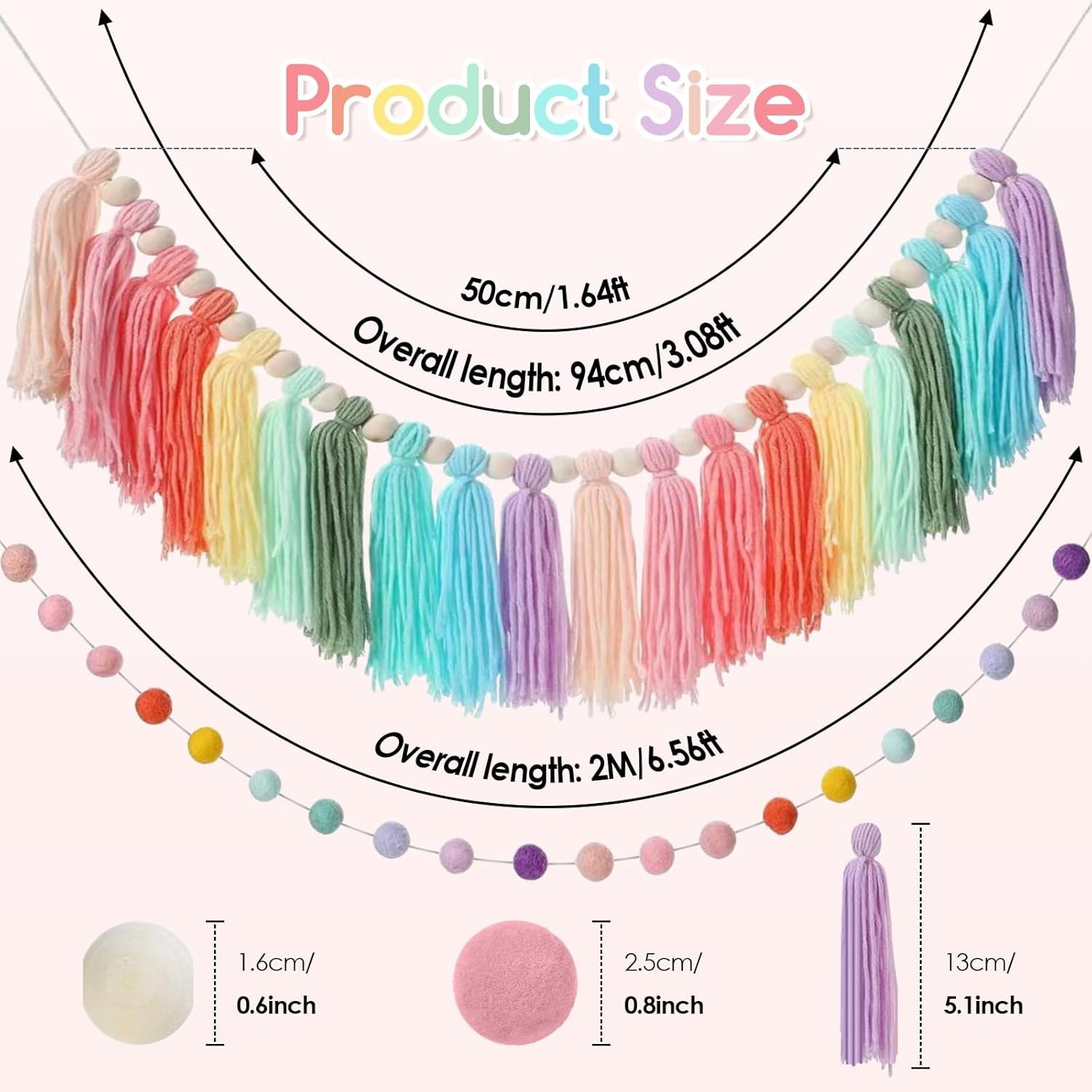 Wholesale 2pcs Boho Tassel Pom Pom Garland 6.5 Feet Long 20 Balls Colorful Pastel Wall Hanging Party Decor Banner Wedding Birthday Baby Shower Supplier