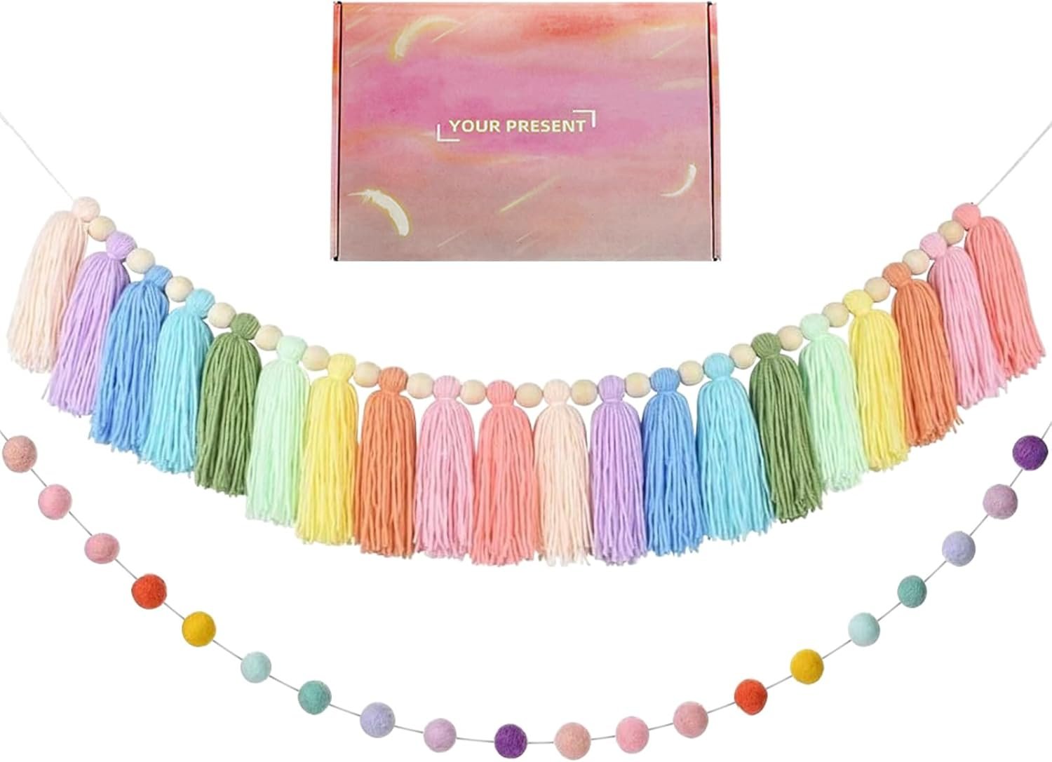 2pcs Boho Tassel Garland,Pom Pom Tassel,6.5 Feet Long 20 Balls Ball Garland,Colorful Wall Hanging Party Decorative Banner Pastel,Home Decoration Wedding Birthday Baby Shower