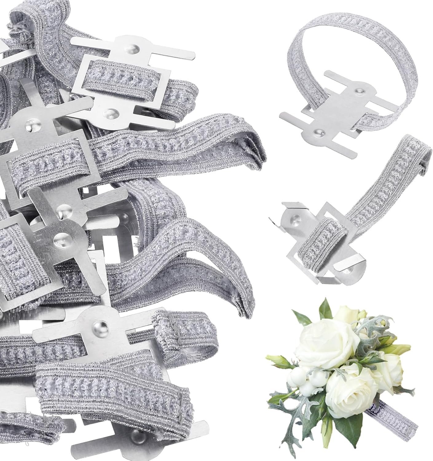 Elastic Wrist Corsage Bands, 14 PCS Corsage Wristlet Band Silver Corsage Wedding Prom Flowers Wedding Elastic Diy Corsages Accessories for Bridesmaid Bridal Shower Anniversary