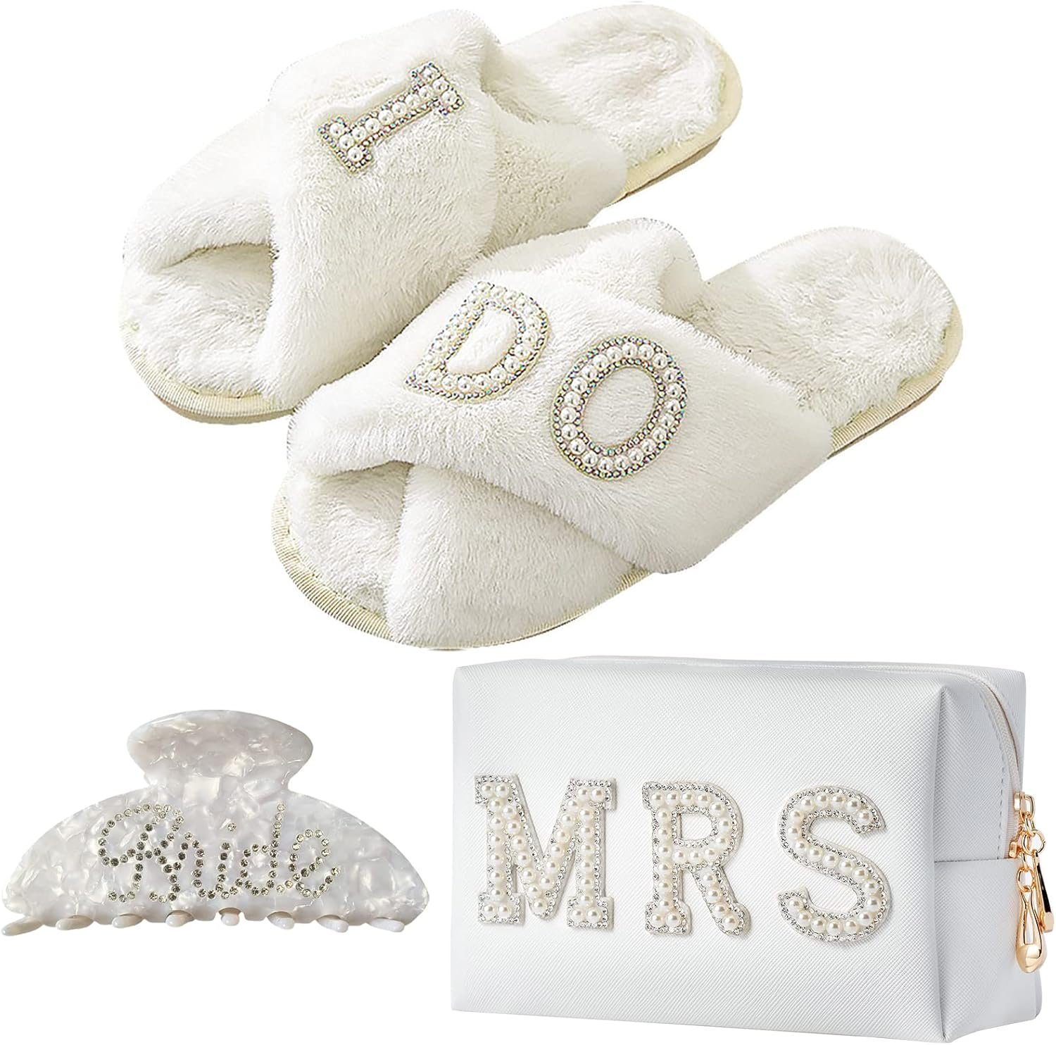 Bride To Be Gift Set Bride Makeup Bag I Do Bride Slippers Bride Robe Bride Hair Clip Bride Gifts Wedding Gifts (Slippers+Makeup Bag+Clip)