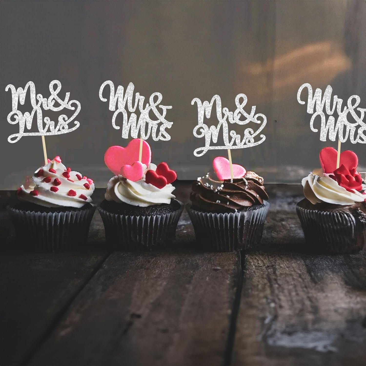 Wholesale 36Pcs Silver Glitter Mr & Mrs Cupcake Toppers Love Cake Decoration Picks Wedding Bridal Shower Party Supplies Supplier