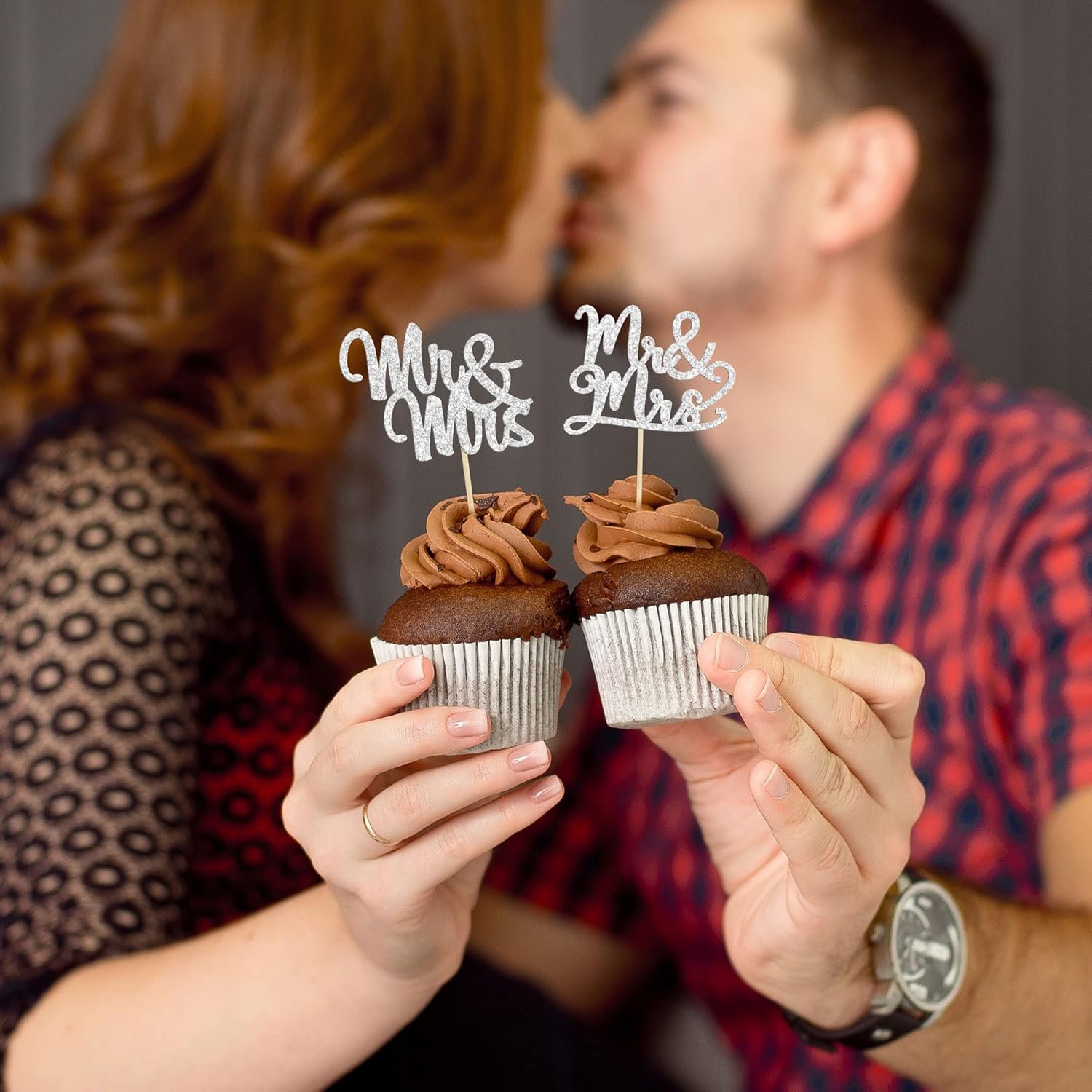 Wholesale 36Pcs Silver Glitter Mr & Mrs Cupcake Toppers Love Cake Decoration Picks Wedding Bridal Shower Party Supplies Supplier