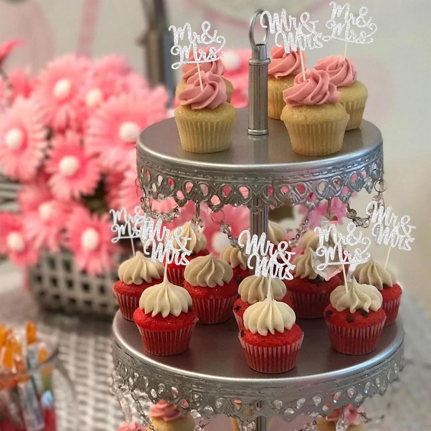 Wholesale 36Pcs Silver Glitter Mr & Mrs Cupcake Toppers Love Cake Decoration Picks Wedding Bridal Shower Party Supplies Supplier