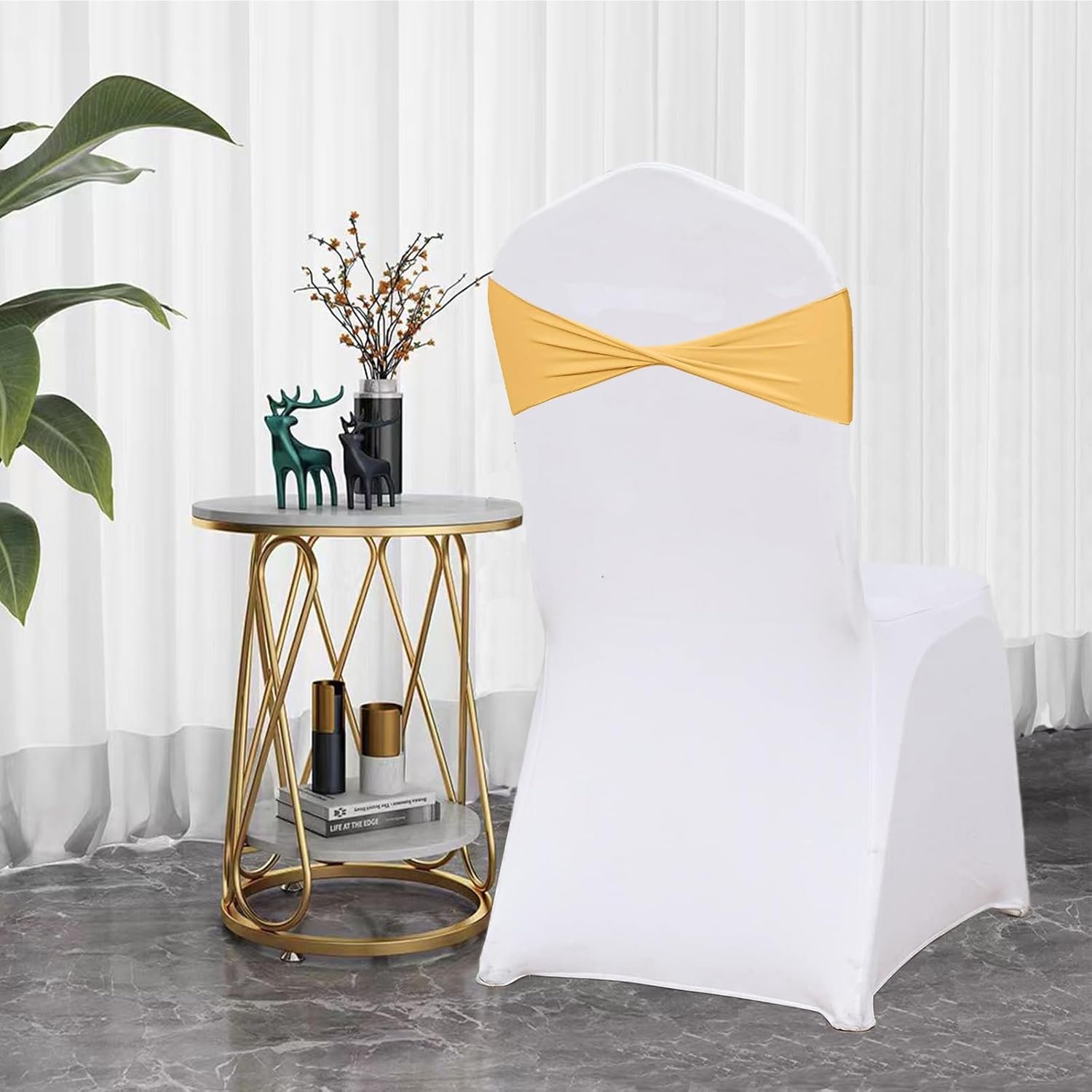 Wholesale 50 Pcs Gold Spandex Chair Sashes Elastic Bows Ties Bands Without Buckle Wedding Party Events Supplier