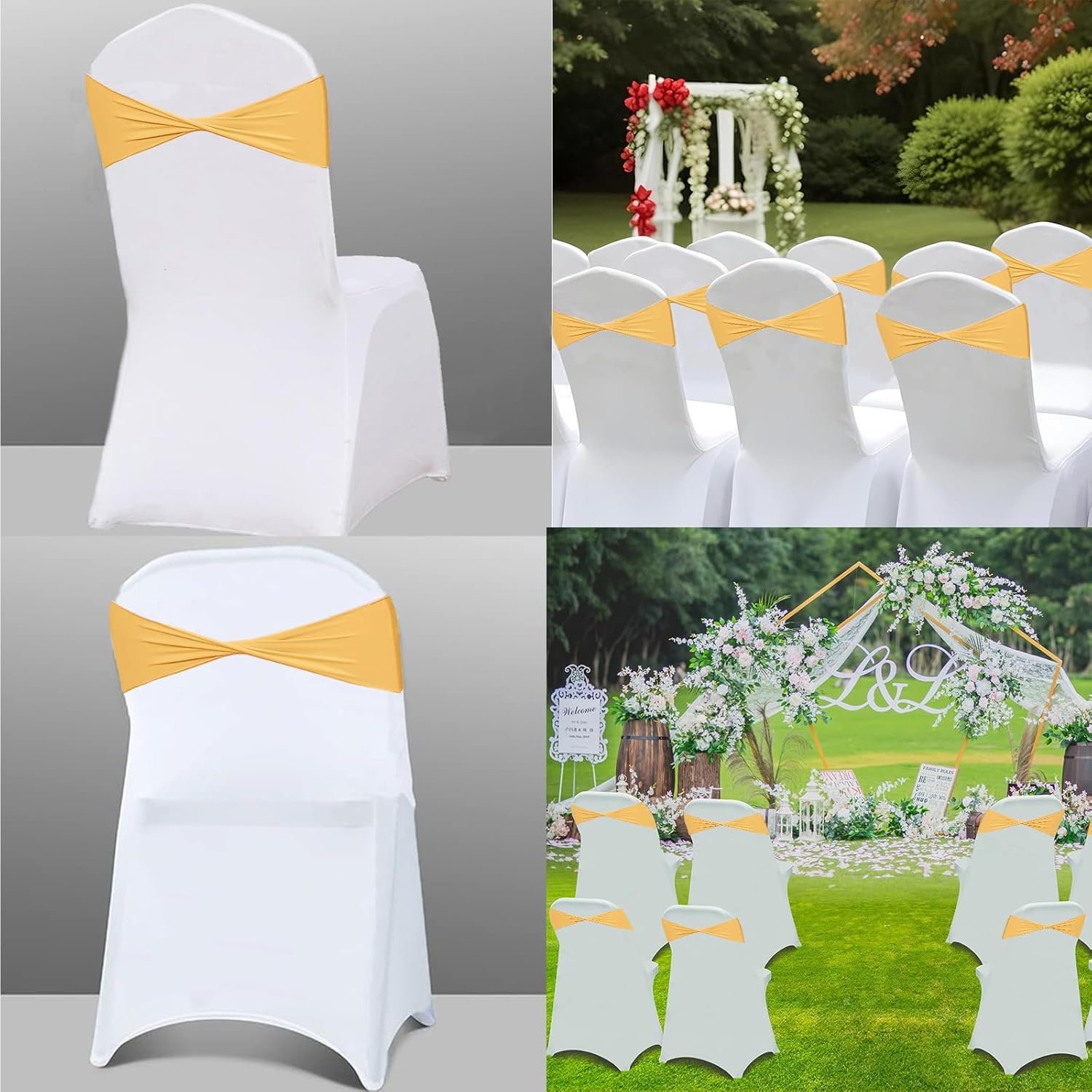 Wholesale 50 Pcs Gold Spandex Chair Sashes Elastic Bows Ties Bands Without Buckle Wedding Party Events Supplier