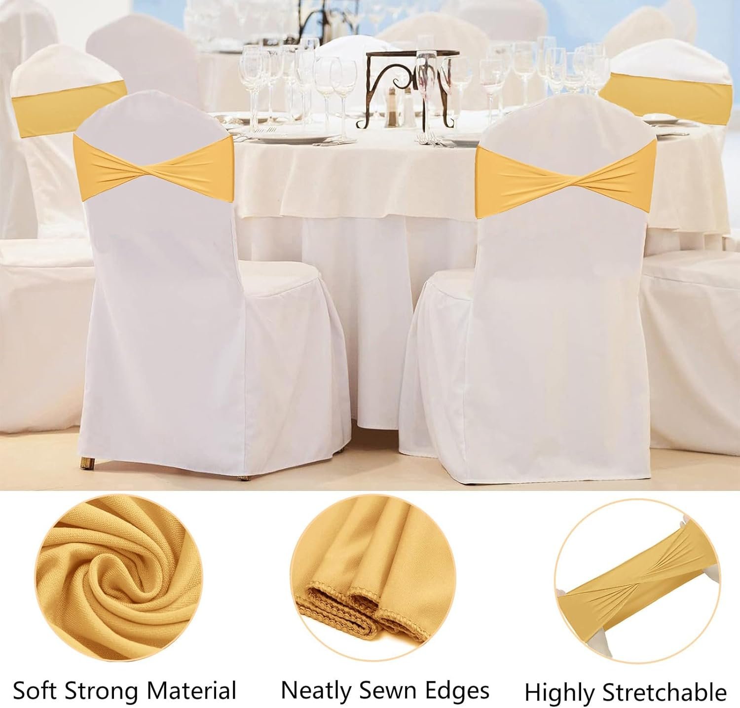 Wholesale 50 Pcs Gold Spandex Chair Sashes Elastic Bows Ties Bands Without Buckle Wedding Party Events Supplier