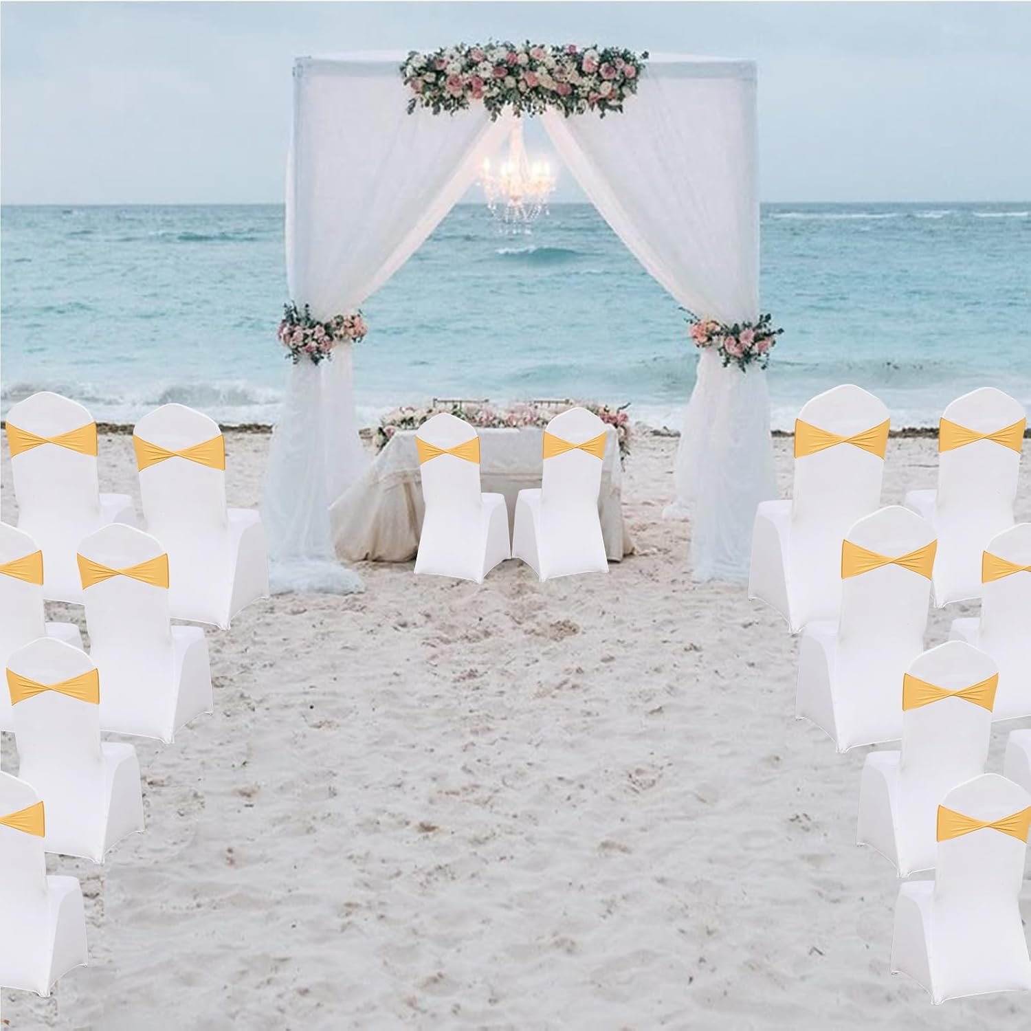 Wholesale 50 Pcs Gold Spandex Chair Sashes Elastic Bows Ties Bands Without Buckle Wedding Party Events Supplier