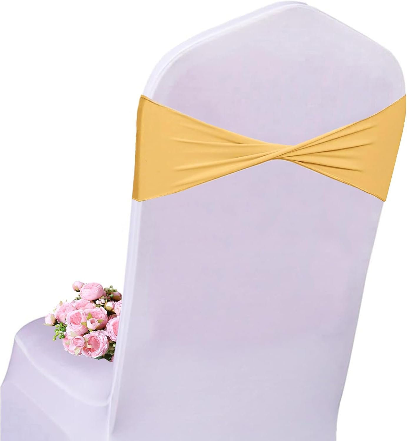 Spandex Gold Chair Sashes 50 Pcs Gold Sashes Bows Elastic Chair Cover Bands Ties Without Buckle for Wedding Party Events Ceremony Birthday