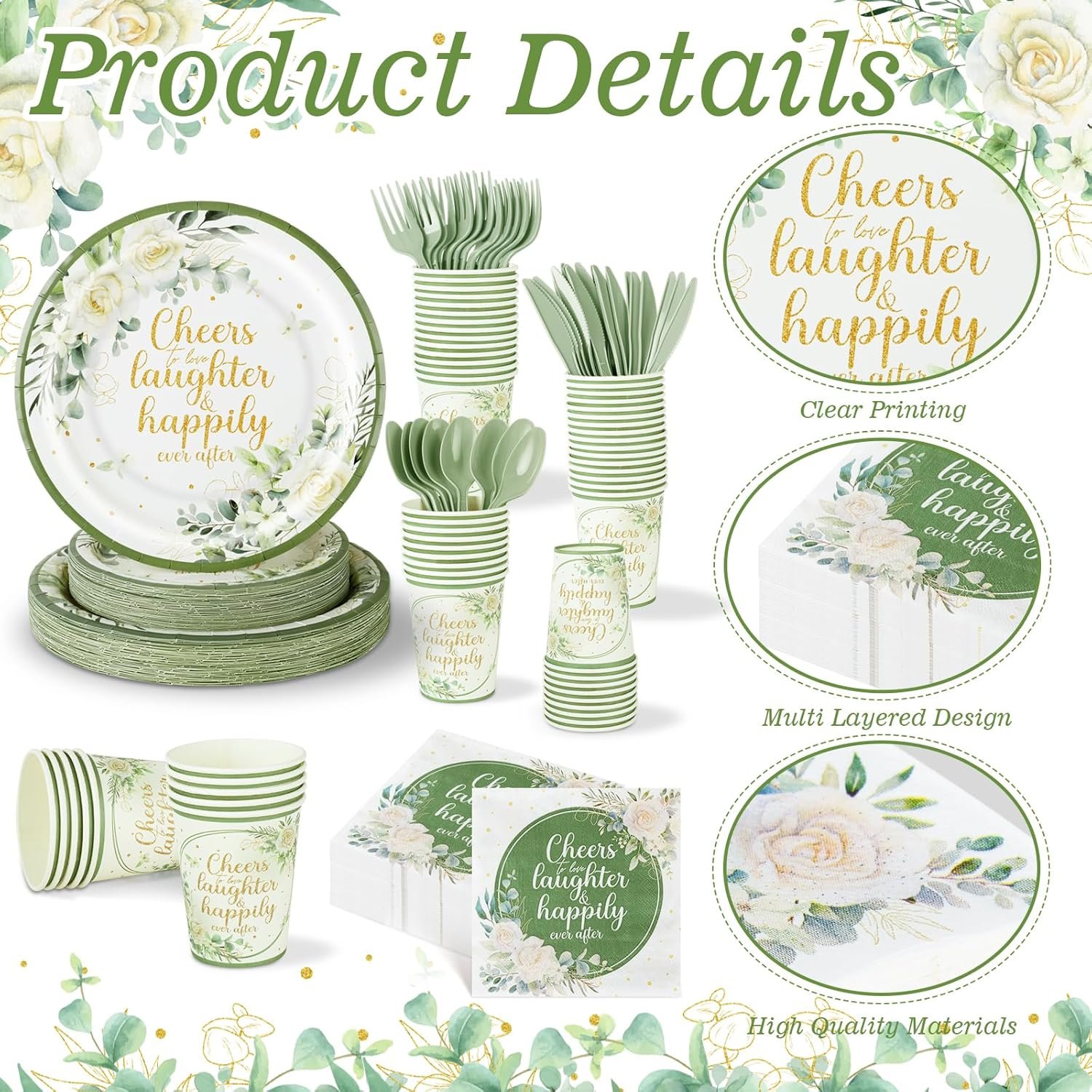 Wholesale 350 Pcs Eucalyptus Leaves Sage Green Disposable Tableware Set Plates Napkins Cups Knives Forks Cheers to Love Party Favors for 50 Guests Bridal Shower Wedding Engagement Decor Supplier