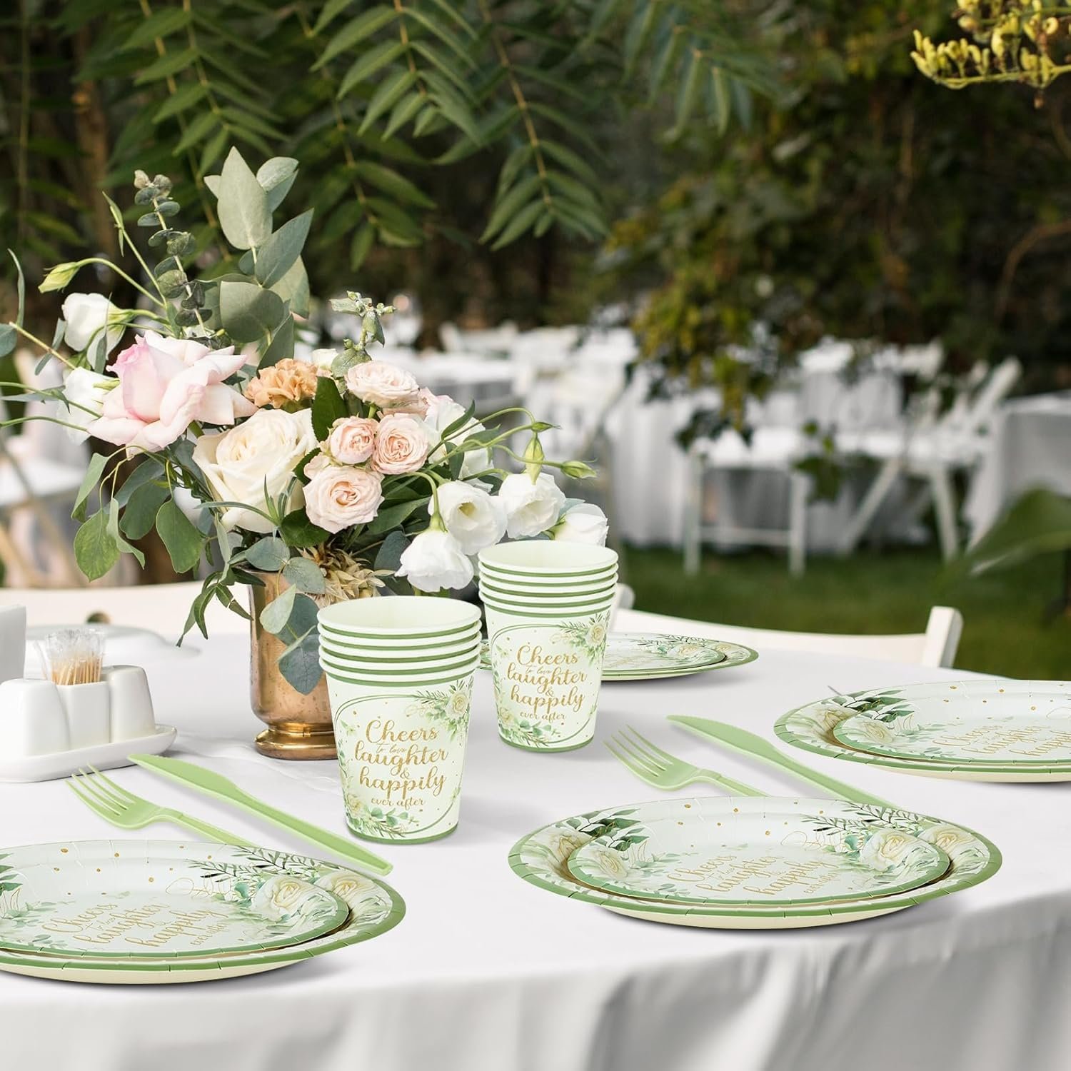 Wholesale 350 Pcs Eucalyptus Leaves Sage Green Disposable Tableware Set Plates Napkins Cups Knives Forks Cheers to Love Party Favors for 50 Guests Bridal Shower Wedding Engagement Decor Supplier