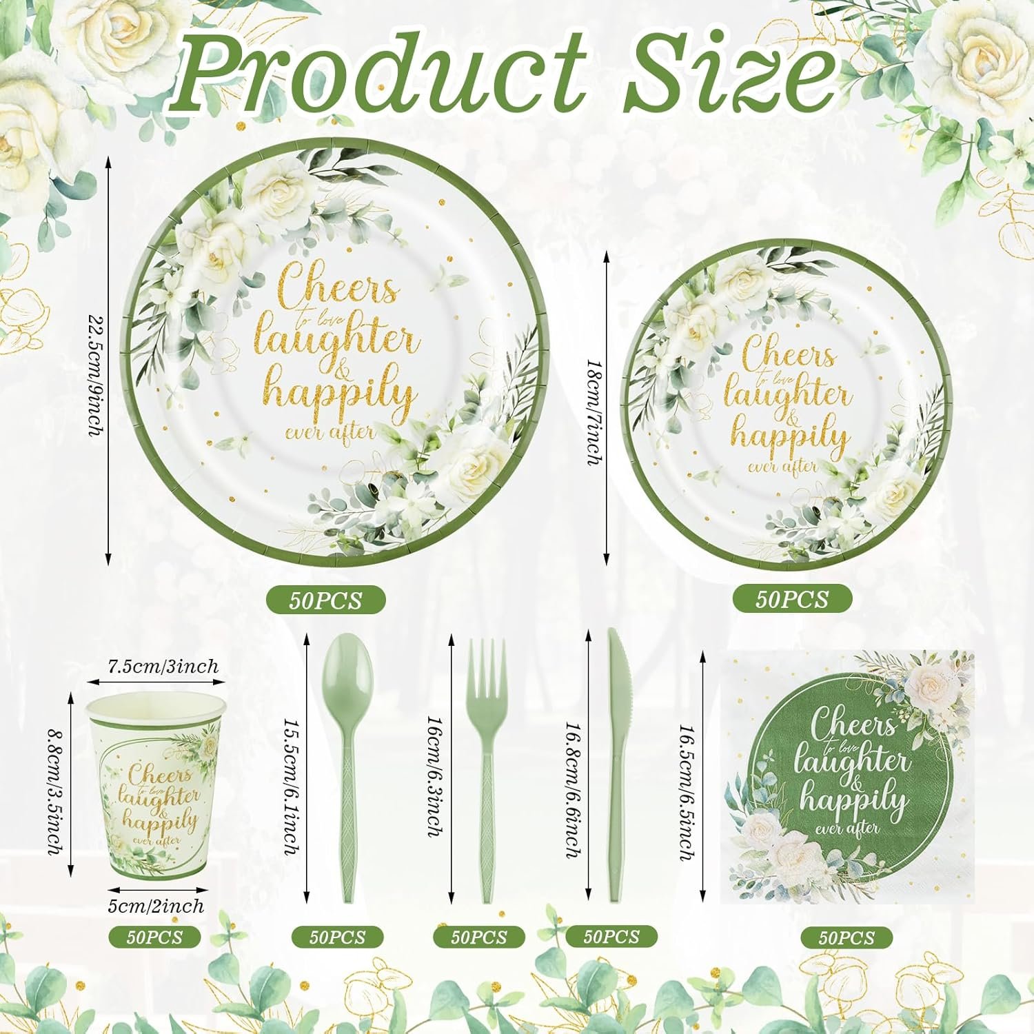 Wholesale 350 Pcs Eucalyptus Leaves Sage Green Disposable Tableware Set Plates Napkins Cups Knives Forks Cheers to Love Party Favors for 50 Guests Bridal Shower Wedding Engagement Decor Supplier