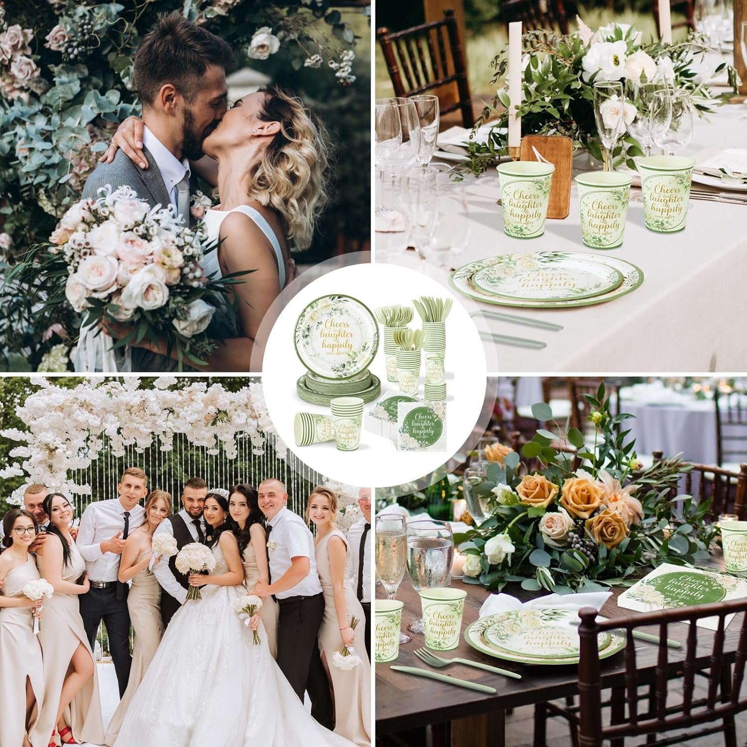 Wholesale 350 Pcs Eucalyptus Leaves Sage Green Disposable Tableware Set Plates Napkins Cups Knives Forks Cheers to Love Party Favors for 50 Guests Bridal Shower Wedding Engagement Decor Supplier