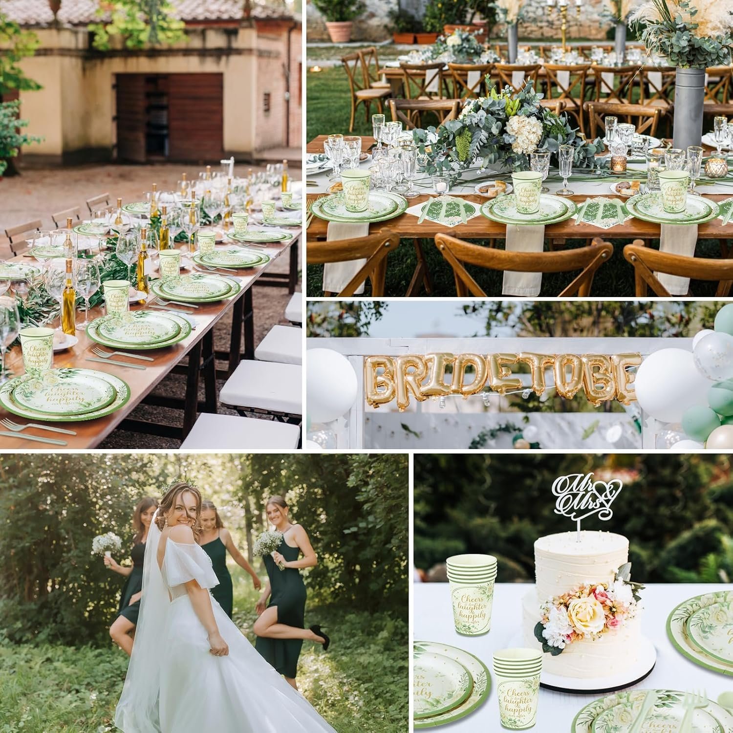Wholesale 350 Pcs Eucalyptus Leaves Sage Green Disposable Tableware Set Plates Napkins Cups Knives Forks Cheers to Love Party Favors for 50 Guests Bridal Shower Wedding Engagement Decor Supplier
