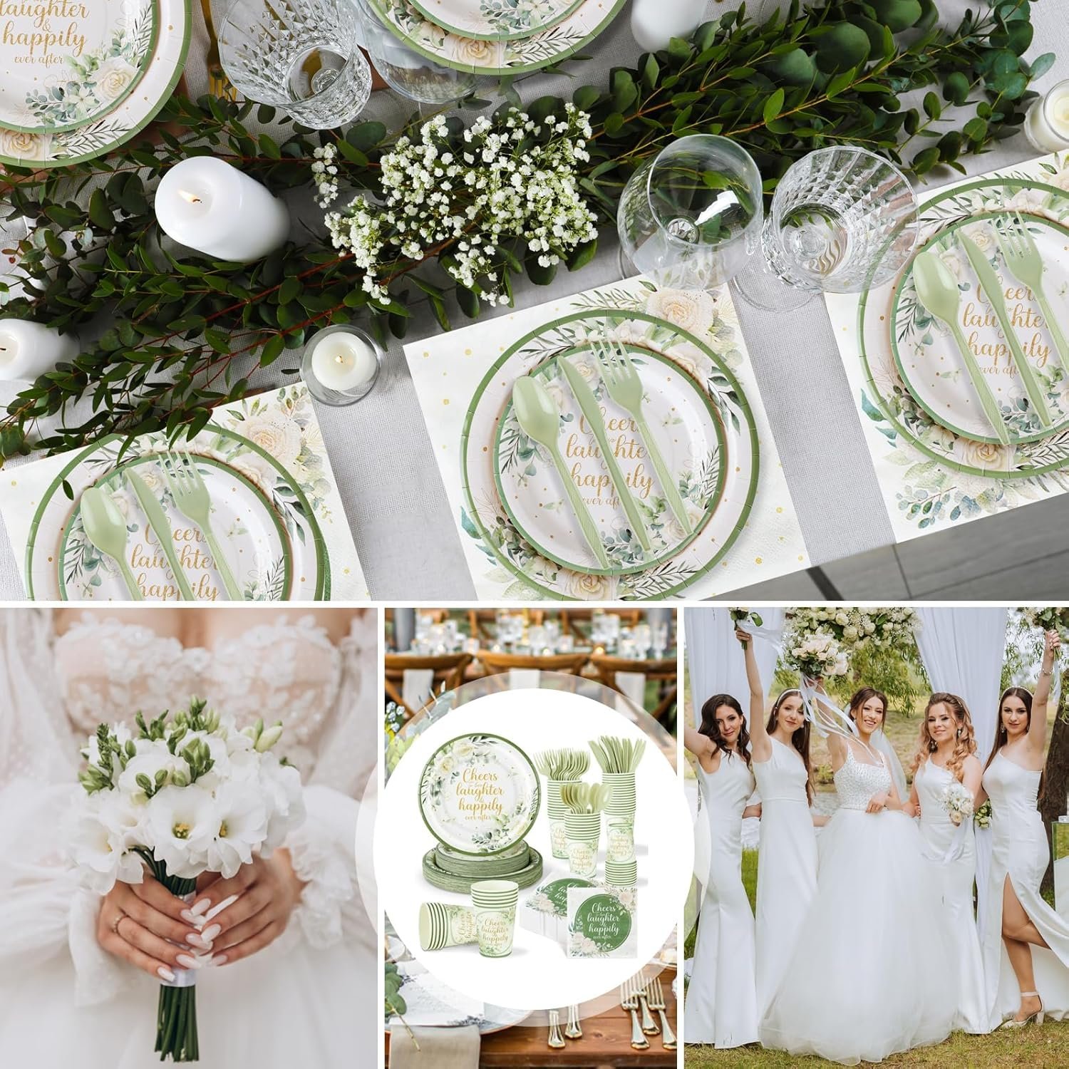 Wholesale 350 Pcs Eucalyptus Leaves Sage Green Disposable Tableware Set Plates Napkins Cups Knives Forks Cheers to Love Party Favors for 50 Guests Bridal Shower Wedding Engagement Decor Supplier