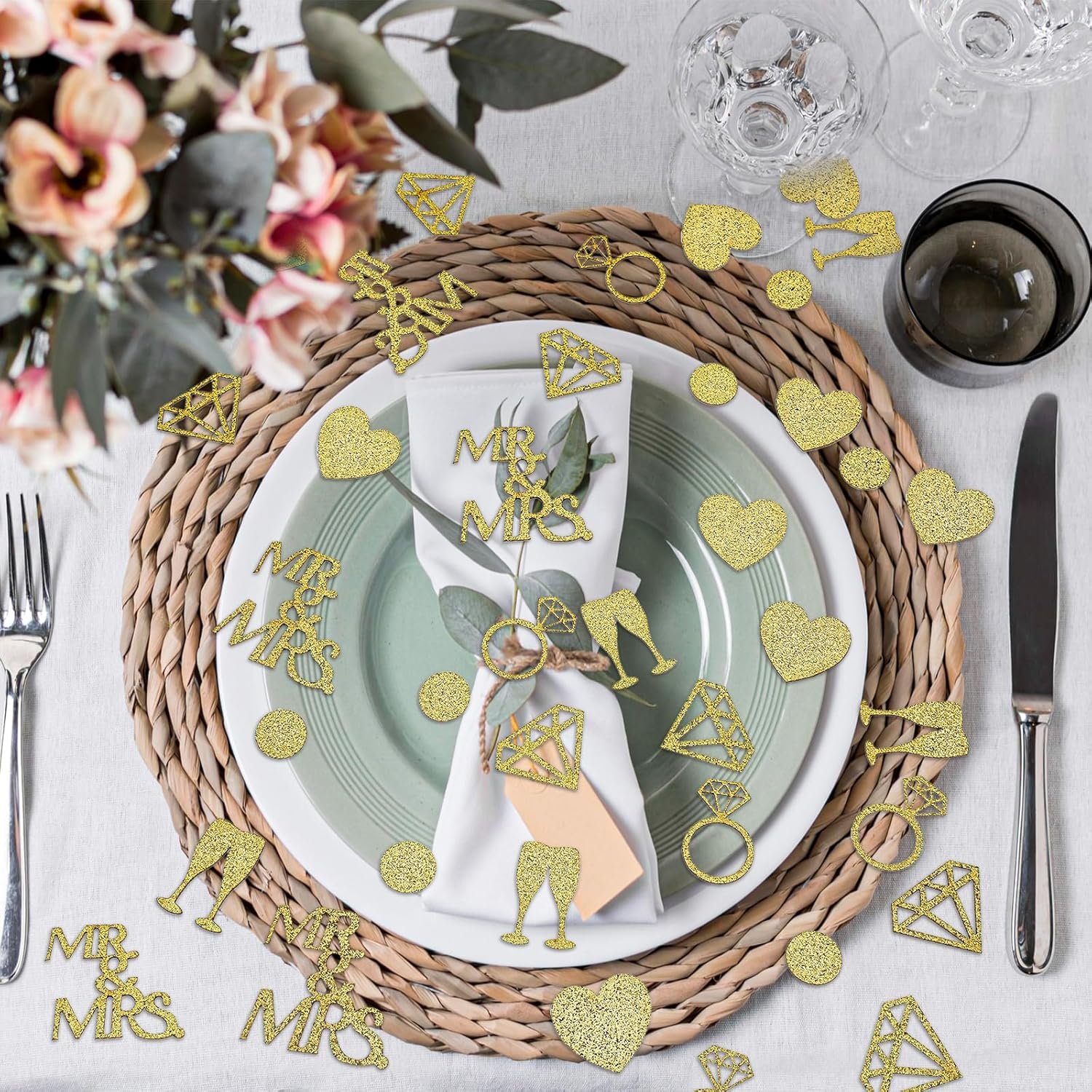 Wholesale 200Pcs Gold Wedding Table Confetti Glittering Diamond Ring MR&MRS Engagement Bridal Shower Scatter Supplier