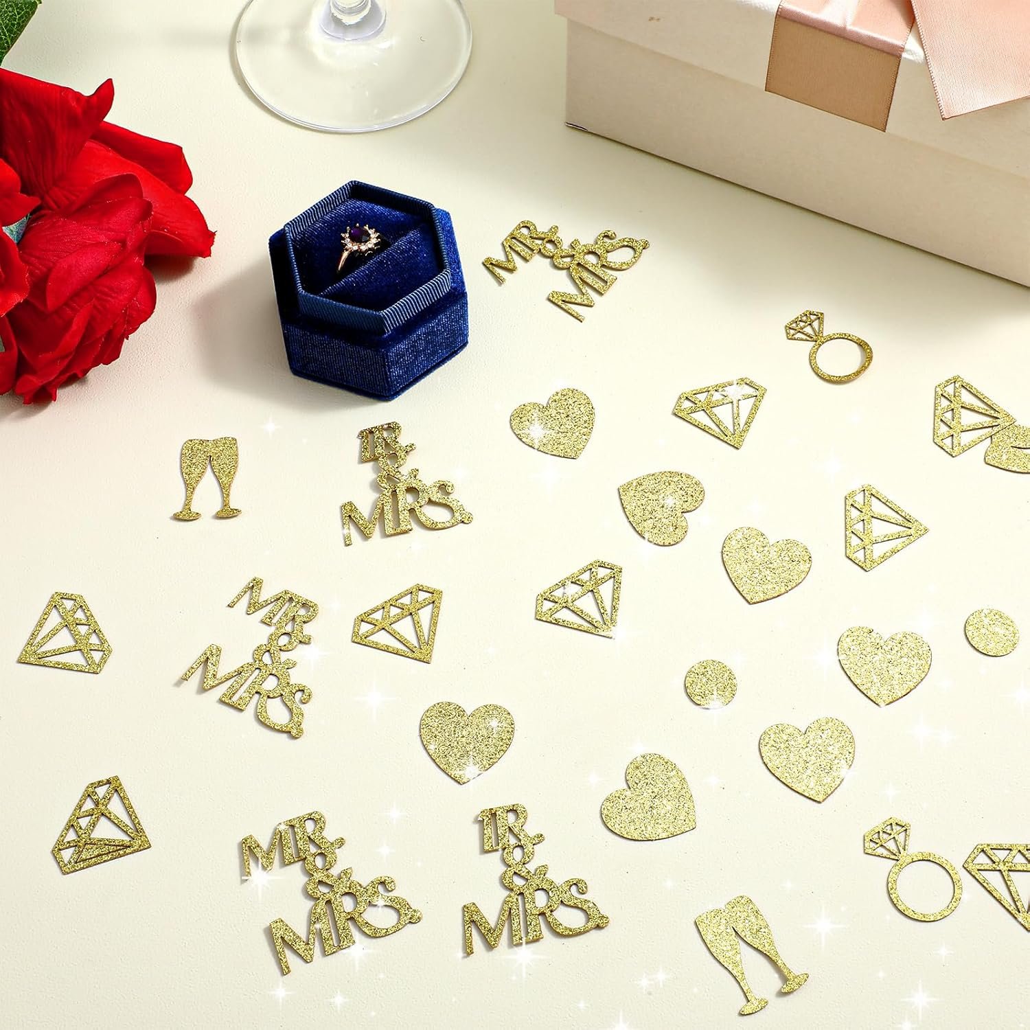 Wholesale 200Pcs Gold Wedding Table Confetti Glittering Diamond Ring MR&MRS Engagement Bridal Shower Scatter Supplier