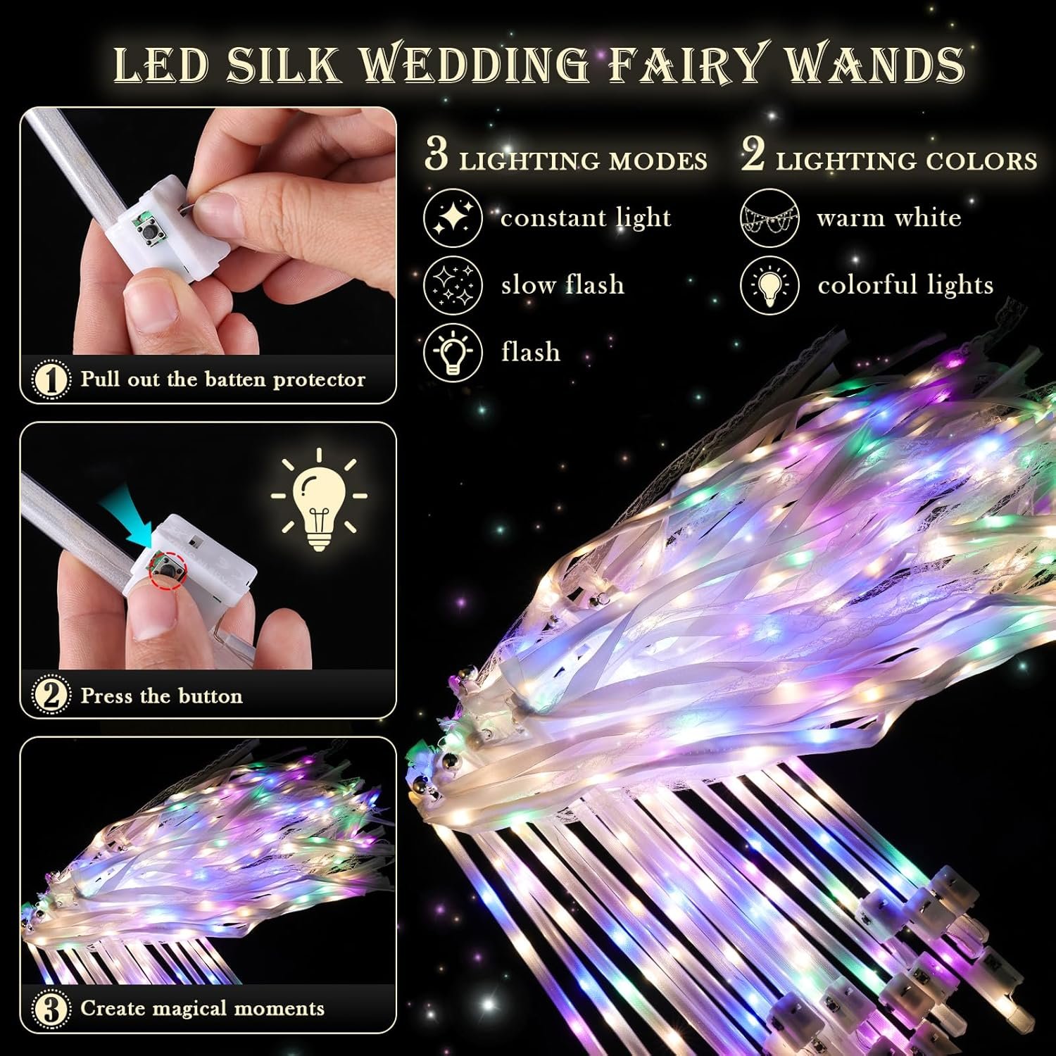 Wholesale 100 Pieces LED Light Up Silk Wedding Fairy Wands with Ribbons Bells Streamers Warm White Colorful Lights for Send Off Parties Celebrations Supplier