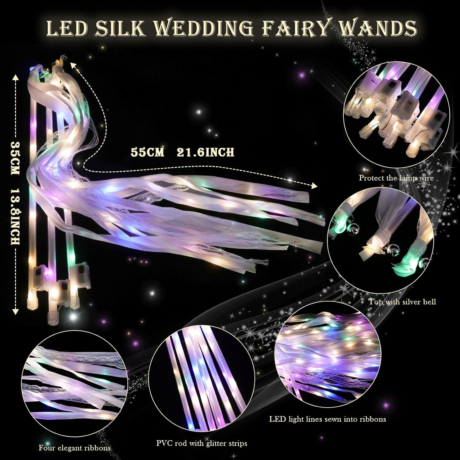 Wholesale 100 Pieces LED Light Up Silk Wedding Fairy Wands with Ribbons Bells Streamers Warm White Colorful Lights for Send Off Parties Celebrations Supplier