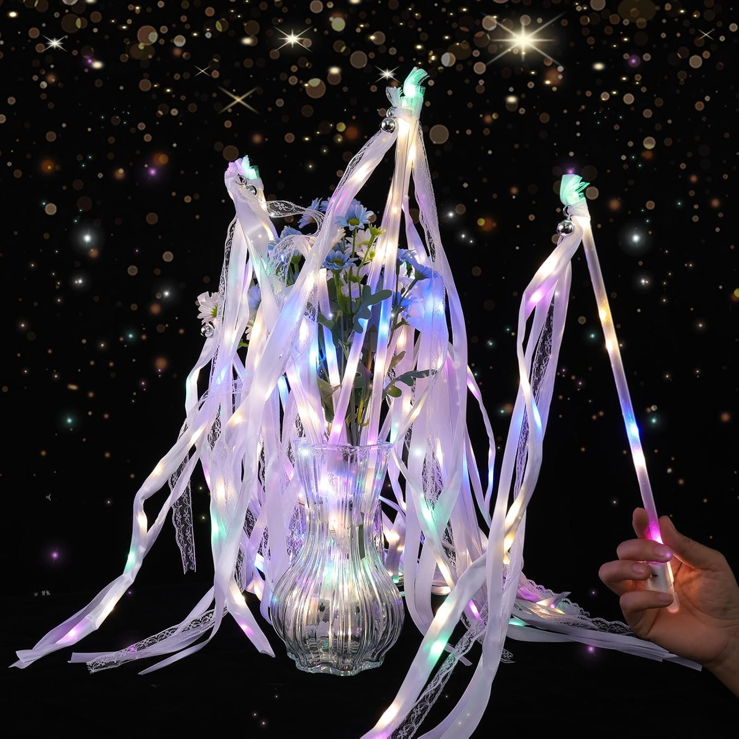 Wholesale 100 Pieces LED Light Up Silk Wedding Fairy Wands with Ribbons Bells Streamers Warm White Colorful Lights for Send Off Parties Celebrations Supplier