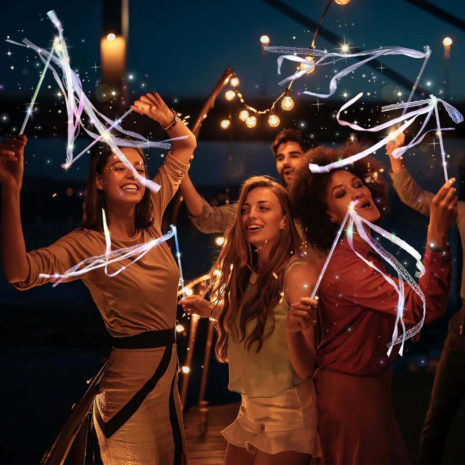 Wholesale 100 Pieces LED Light Up Silk Wedding Fairy Wands with Ribbons Bells Streamers Warm White Colorful Lights for Send Off Parties Celebrations Supplier