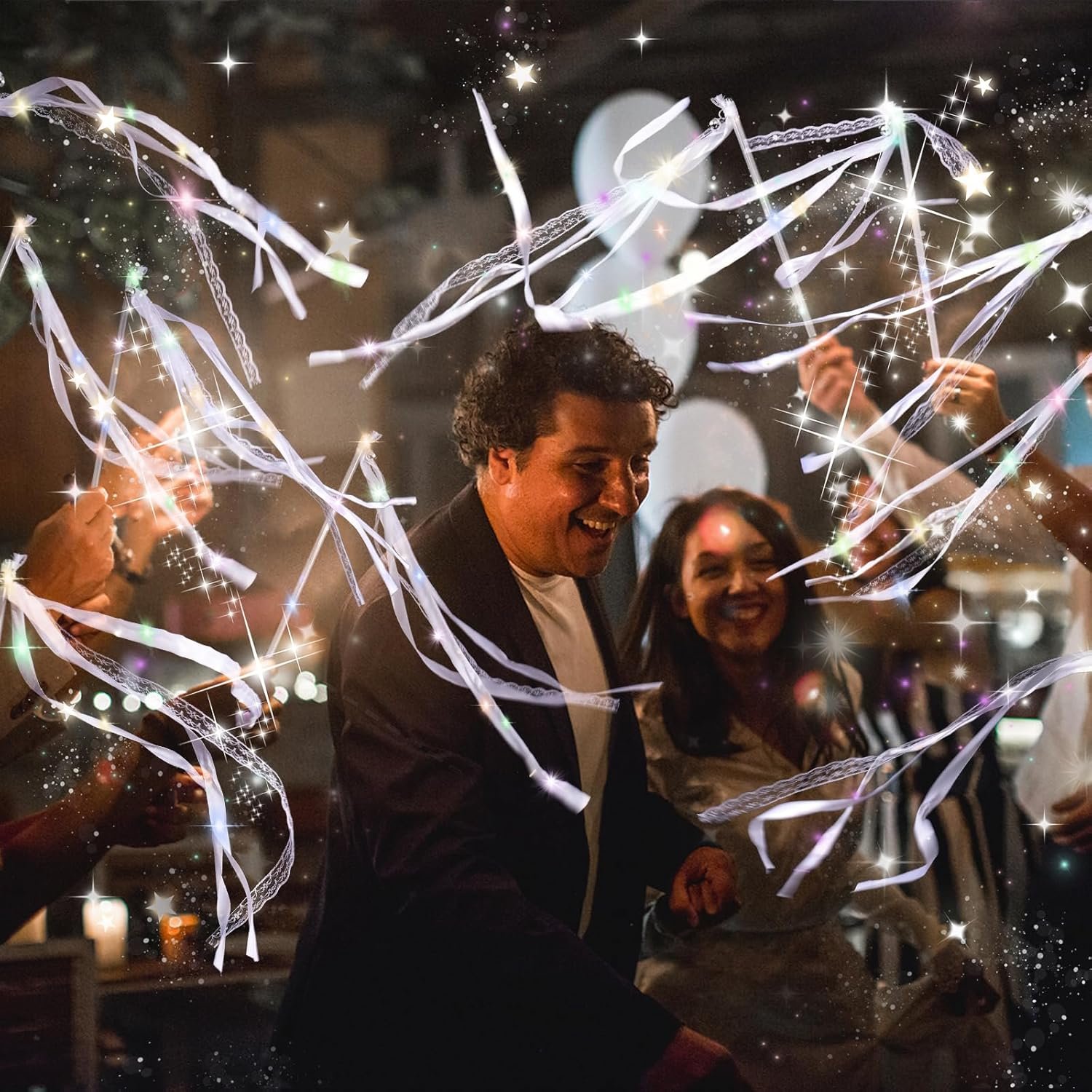 Wholesale 100 Pieces LED Light Up Silk Wedding Fairy Wands with Ribbons Bells Streamers Warm White Colorful Lights for Send Off Parties Celebrations Supplier