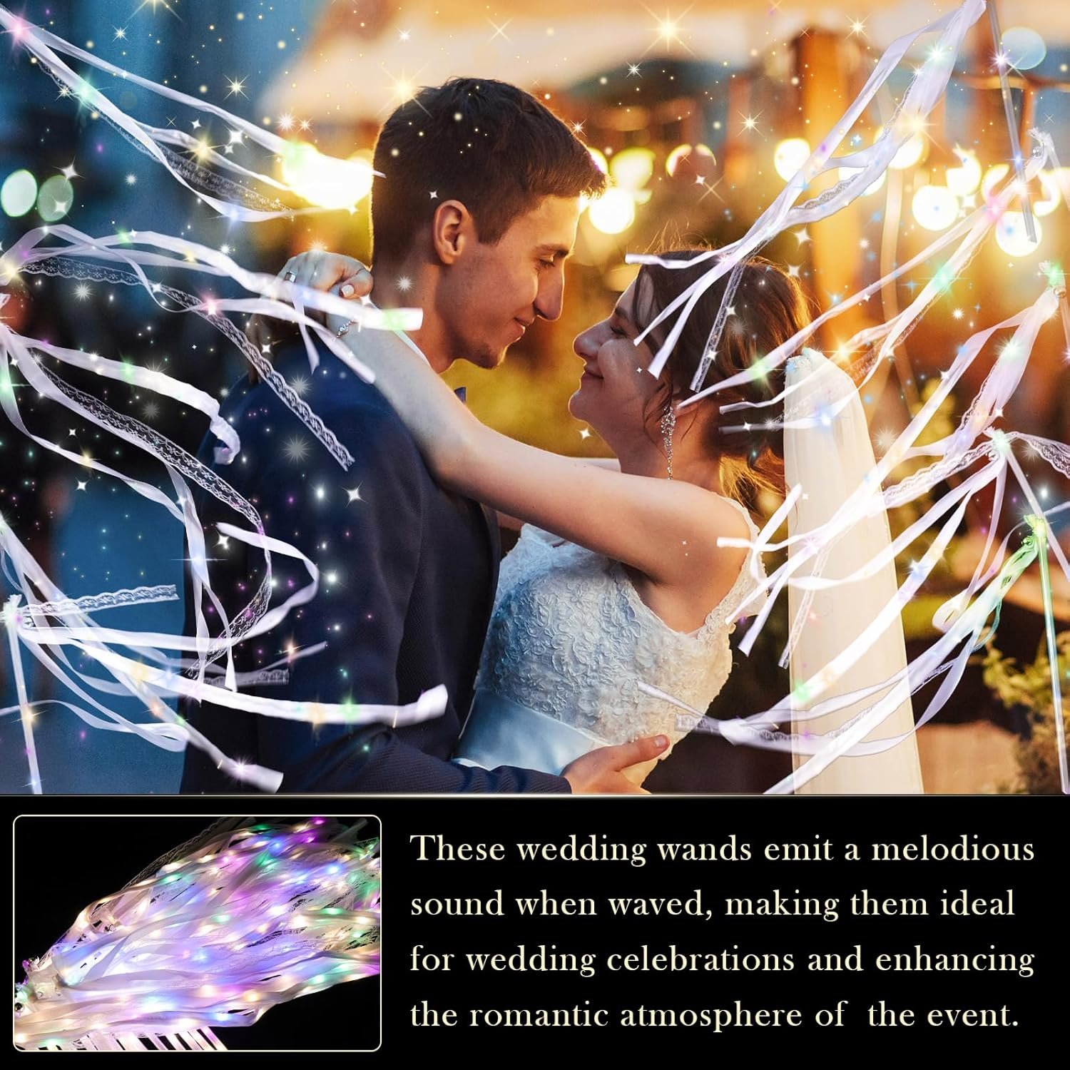 Wholesale 100 Pieces LED Light Up Silk Wedding Fairy Wands with Ribbons Bells Streamers Warm White Colorful Lights for Send Off Parties Celebrations Supplier