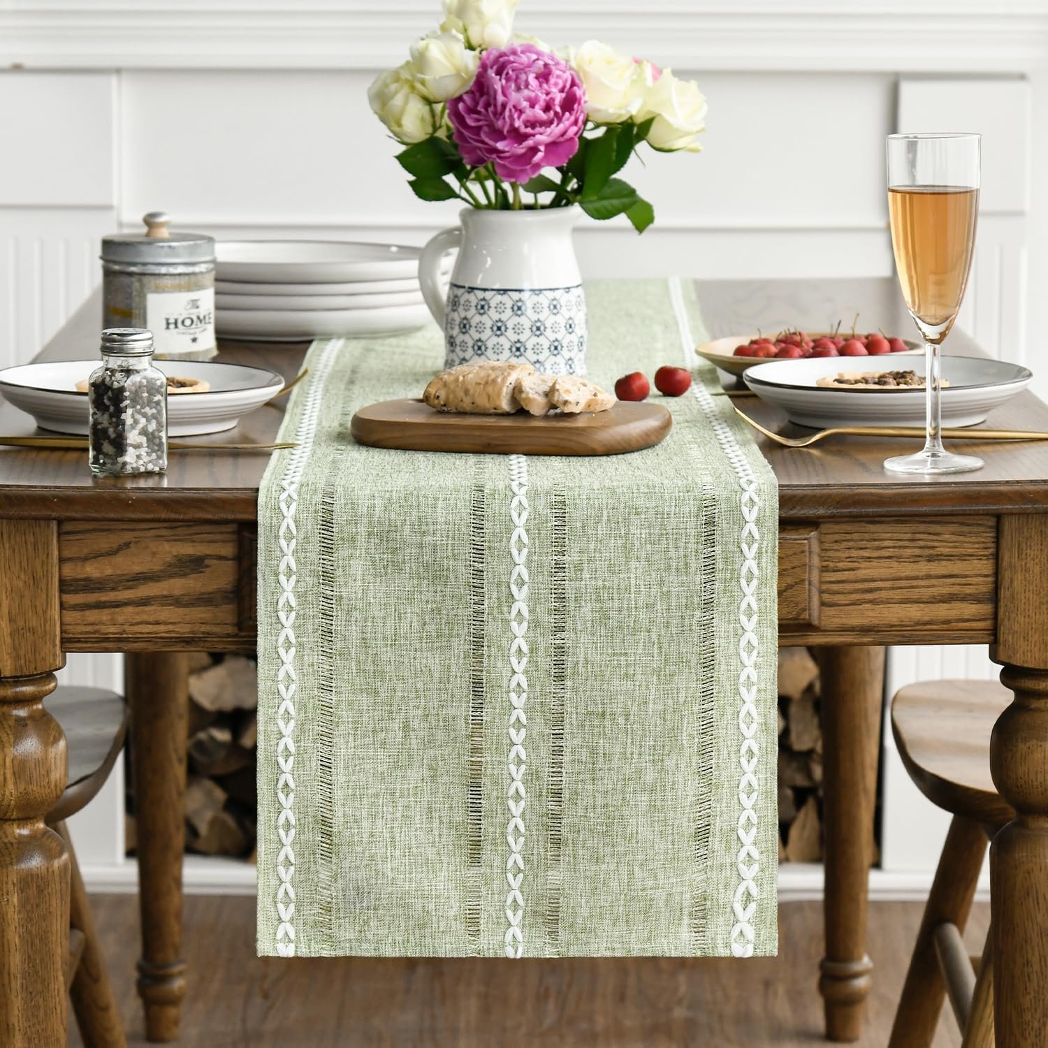 Wholesale Sage Green Rustic Cotton Linen Table Runner Seasonal Embroidered Hollow Kitchen Dining Table Home Party Decor 13x72 Inch Supplier