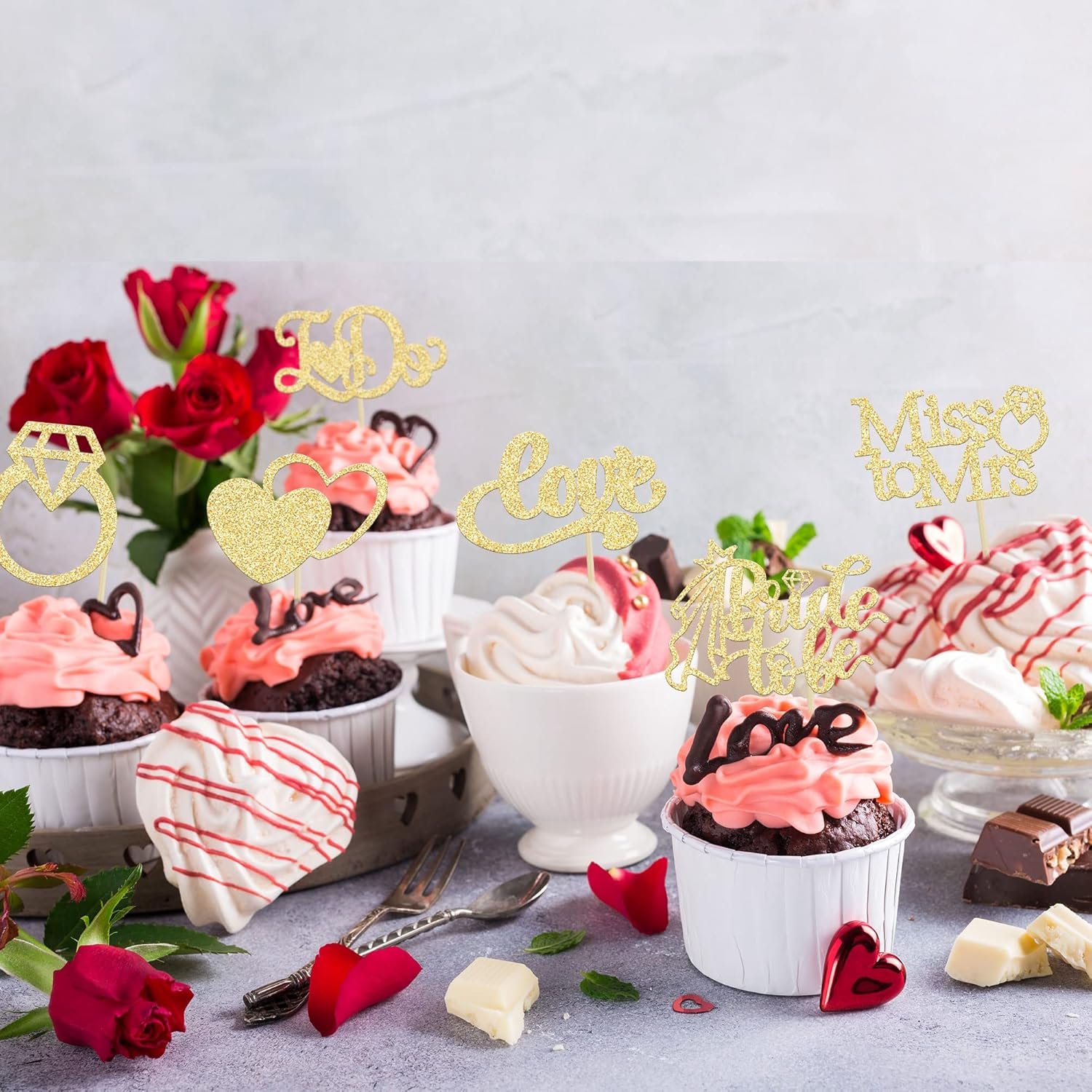 Wholesale 24Pcs Gold Glitter Bride to Be Cupcake Toppers I Do Love Heart Ring Miss to Mrs Picks Bridal Shower Wedding Engagement Bachelorette Party Supplies Supplier