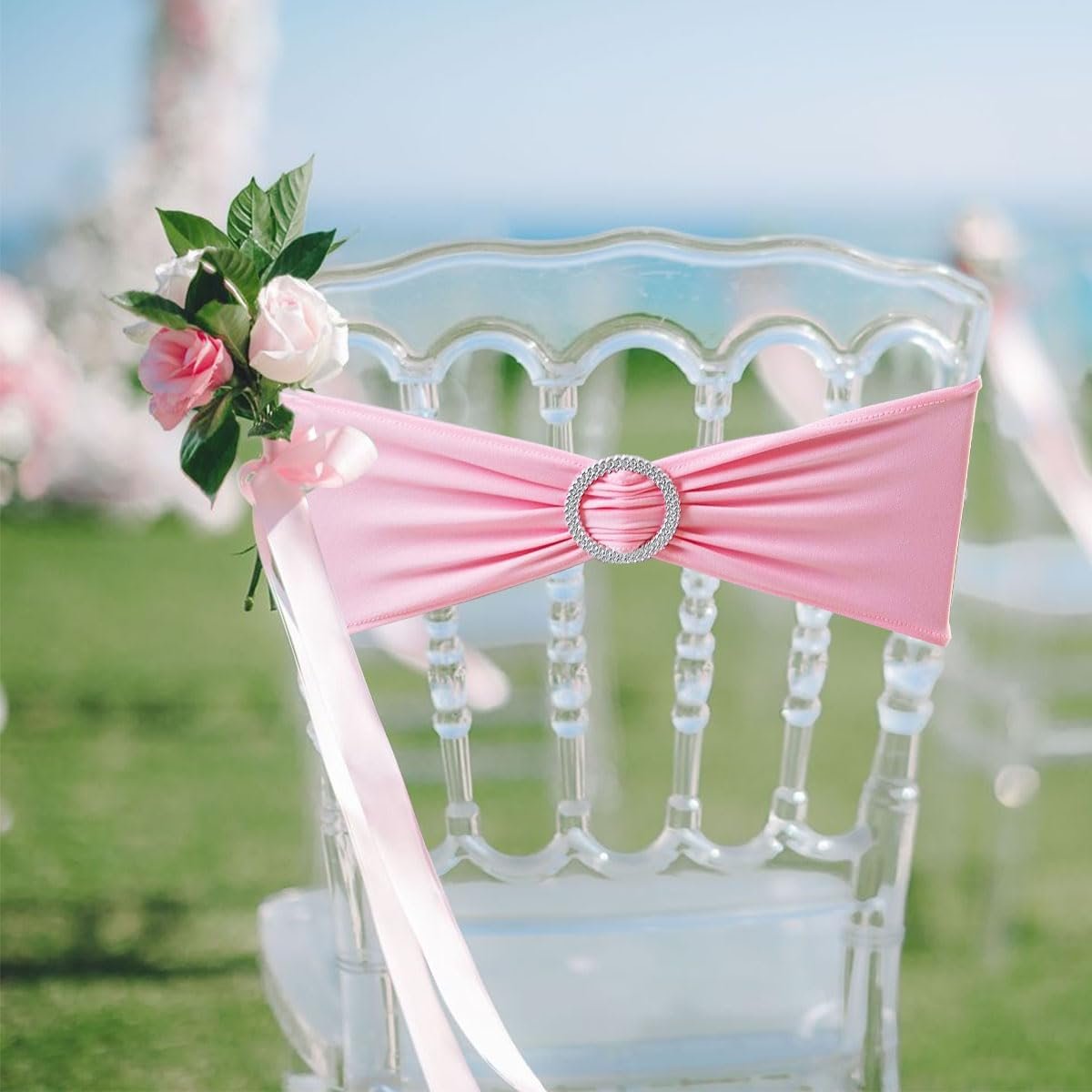 Wholesale Spandex Stretch Chair Sashes Bows with Buckle Slider Wedding Party Decorations Pink 25PCS Supplier
