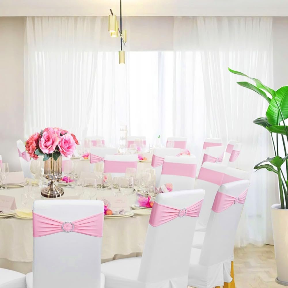 Wholesale Spandex Stretch Chair Sashes Bows with Buckle Slider Wedding Party Decorations Pink 25PCS Supplier