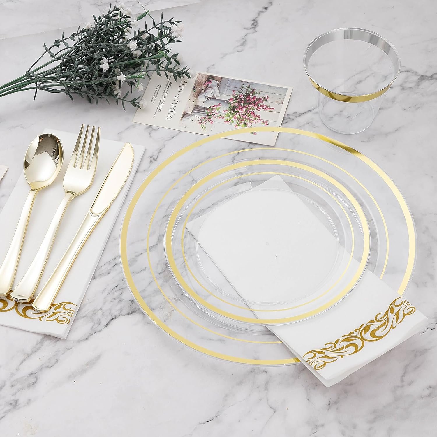 Wholesale 700PCS Clear Gold Disposable Dinnerware Set for 100 Guests 200 Plastic Plates 100 Gold Silverware 100 Cups 100 Napkins for Party Wedding Christmas Supplier