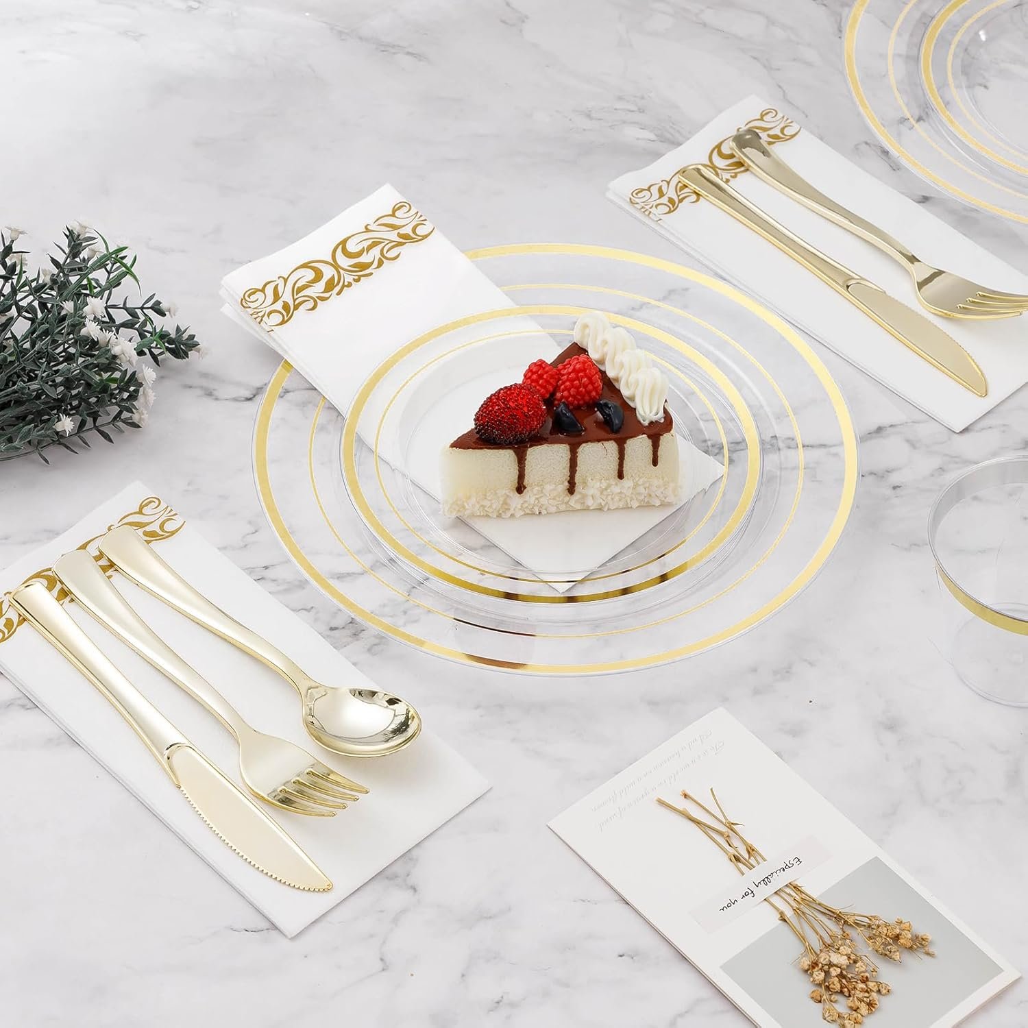 Wholesale 700PCS Clear Gold Disposable Dinnerware Set for 100 Guests 200 Plastic Plates 100 Gold Silverware 100 Cups 100 Napkins for Party Wedding Christmas Supplier