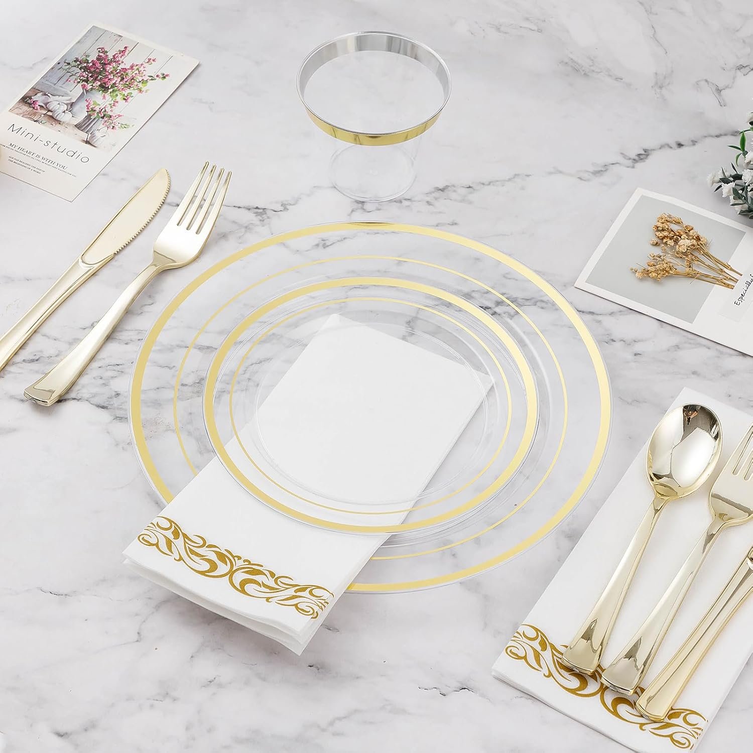 Wholesale 700PCS Clear Gold Disposable Dinnerware Set for 100 Guests 200 Plastic Plates 100 Gold Silverware 100 Cups 100 Napkins for Party Wedding Christmas Supplier