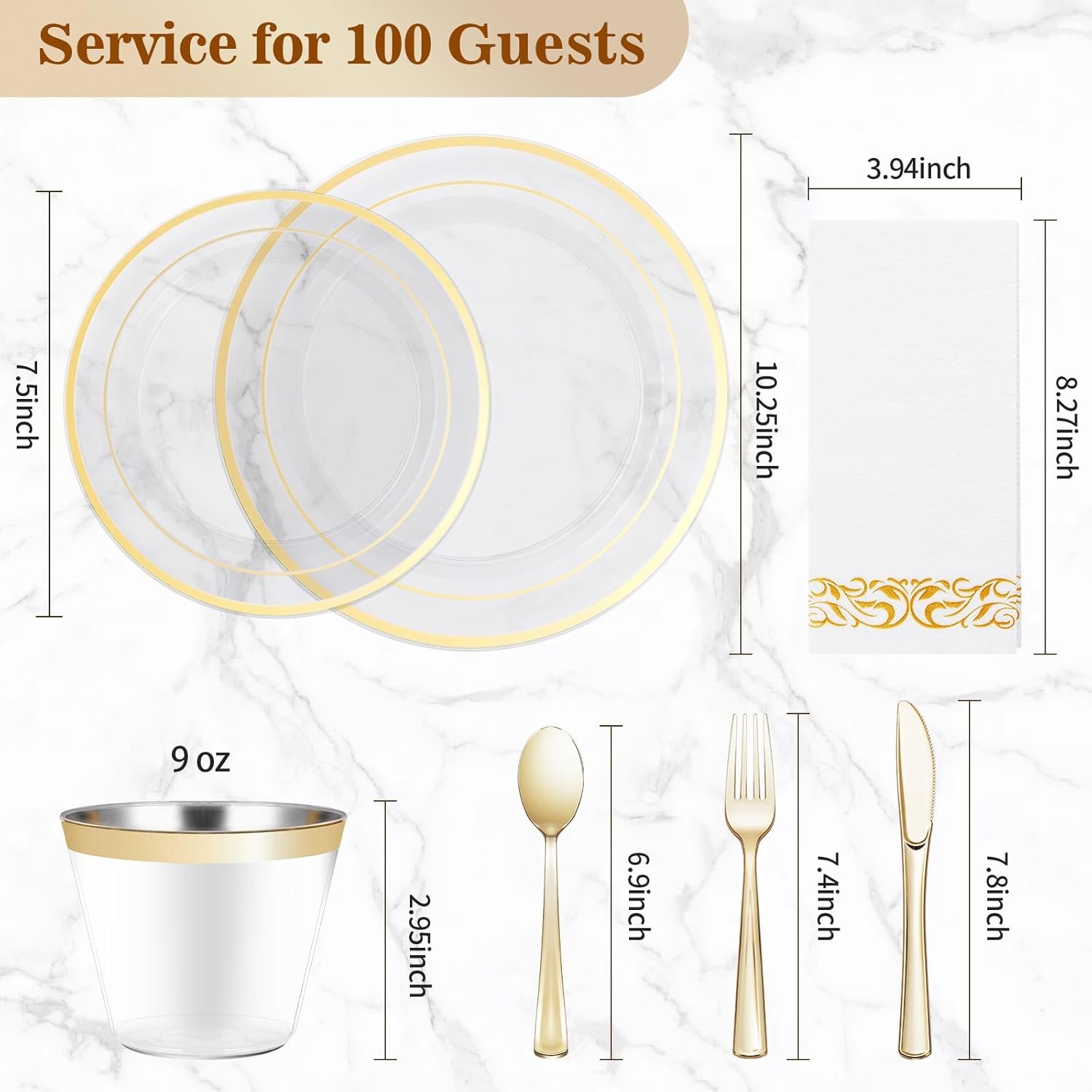 Wholesale 700PCS Clear Gold Disposable Dinnerware Set for 100 Guests 200 Plastic Plates 100 Gold Silverware 100 Cups 100 Napkins for Party Wedding Christmas Supplier