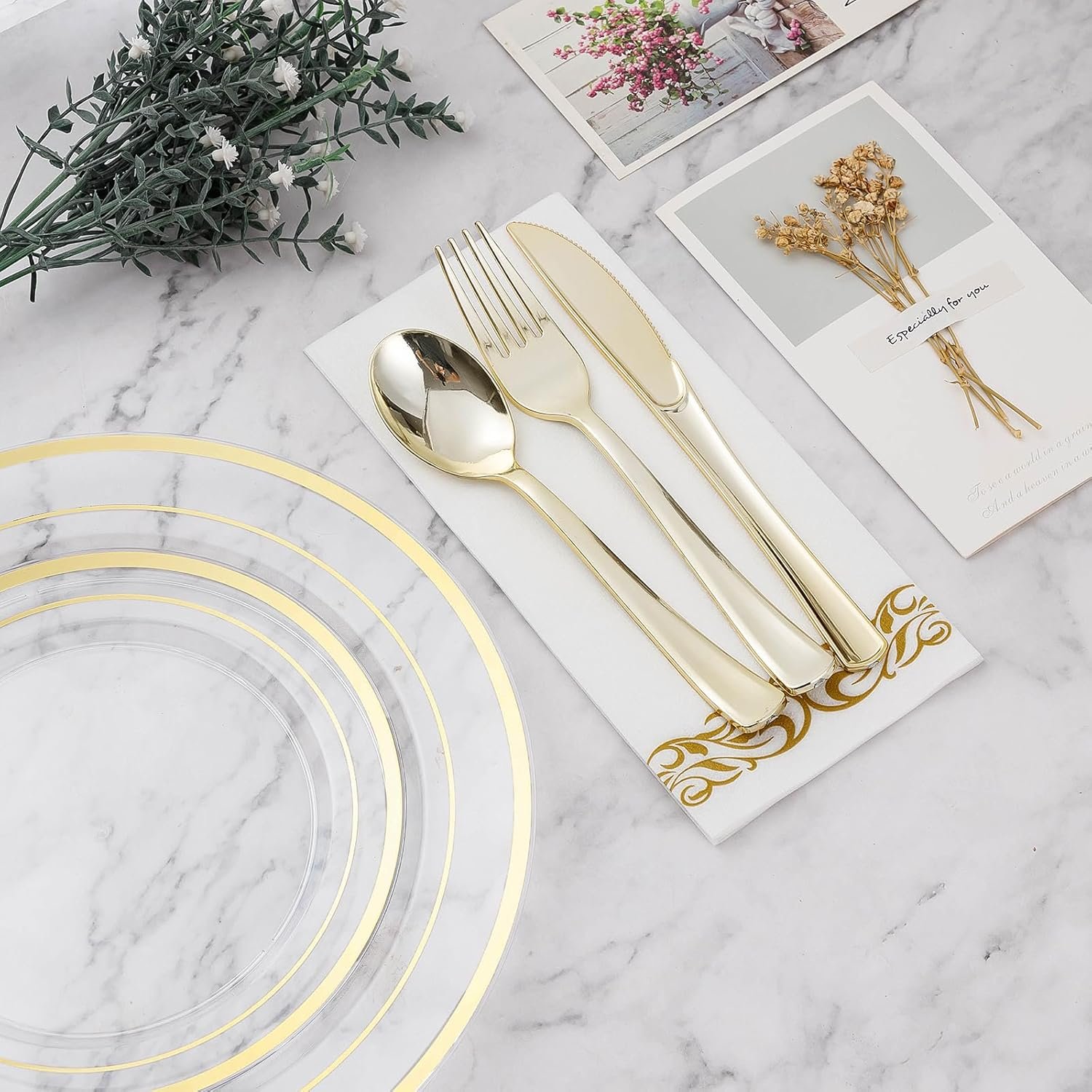 Wholesale 700PCS Clear Gold Disposable Dinnerware Set for 100 Guests 200 Plastic Plates 100 Gold Silverware 100 Cups 100 Napkins for Party Wedding Christmas Supplier