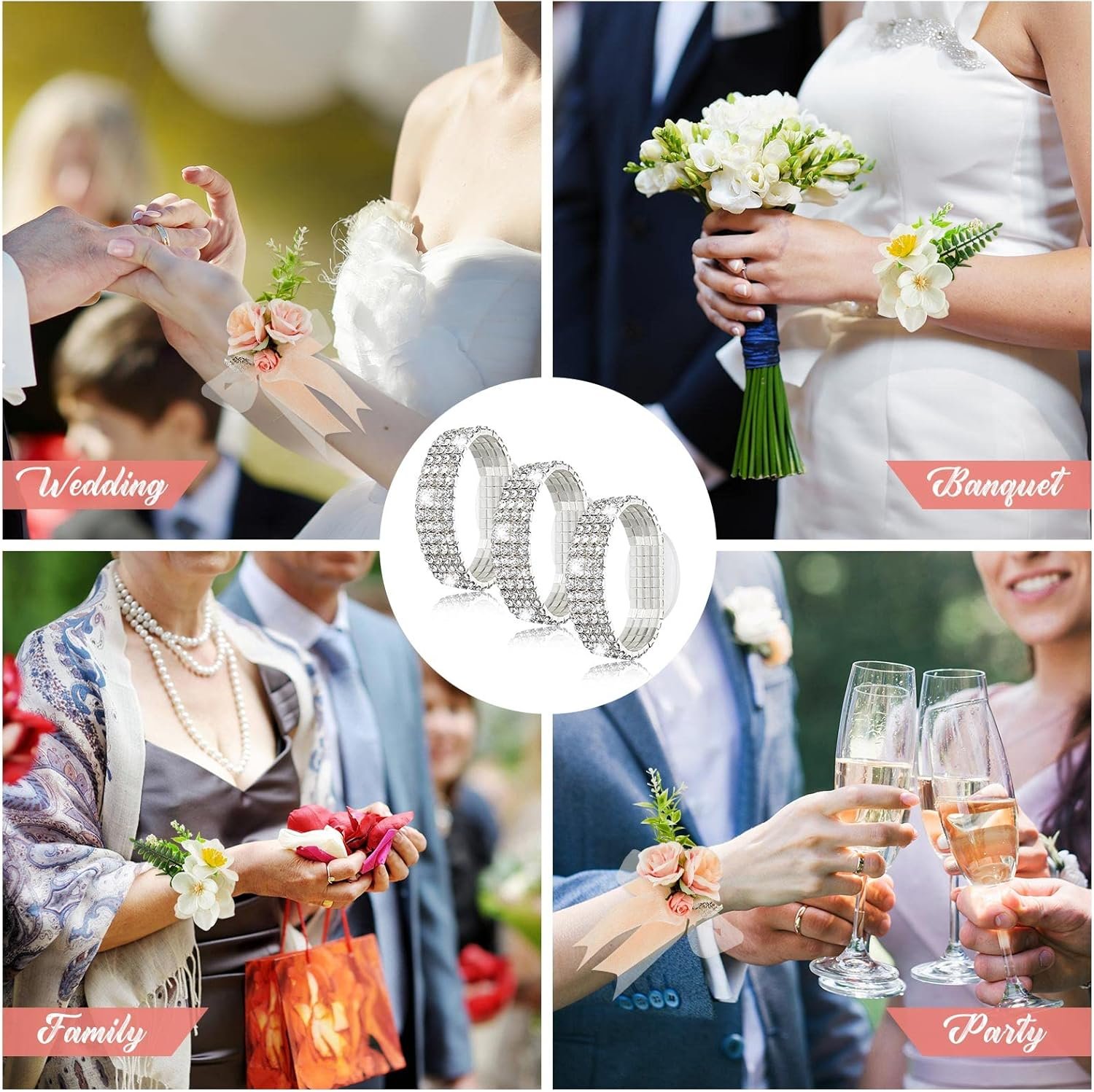 Wholesale 6 Pcs Rhinestone Corsage Wristlet Bands Stretch Elastic Bracelets for Wedding Prom Anniversary Decor (Silver) Supplier