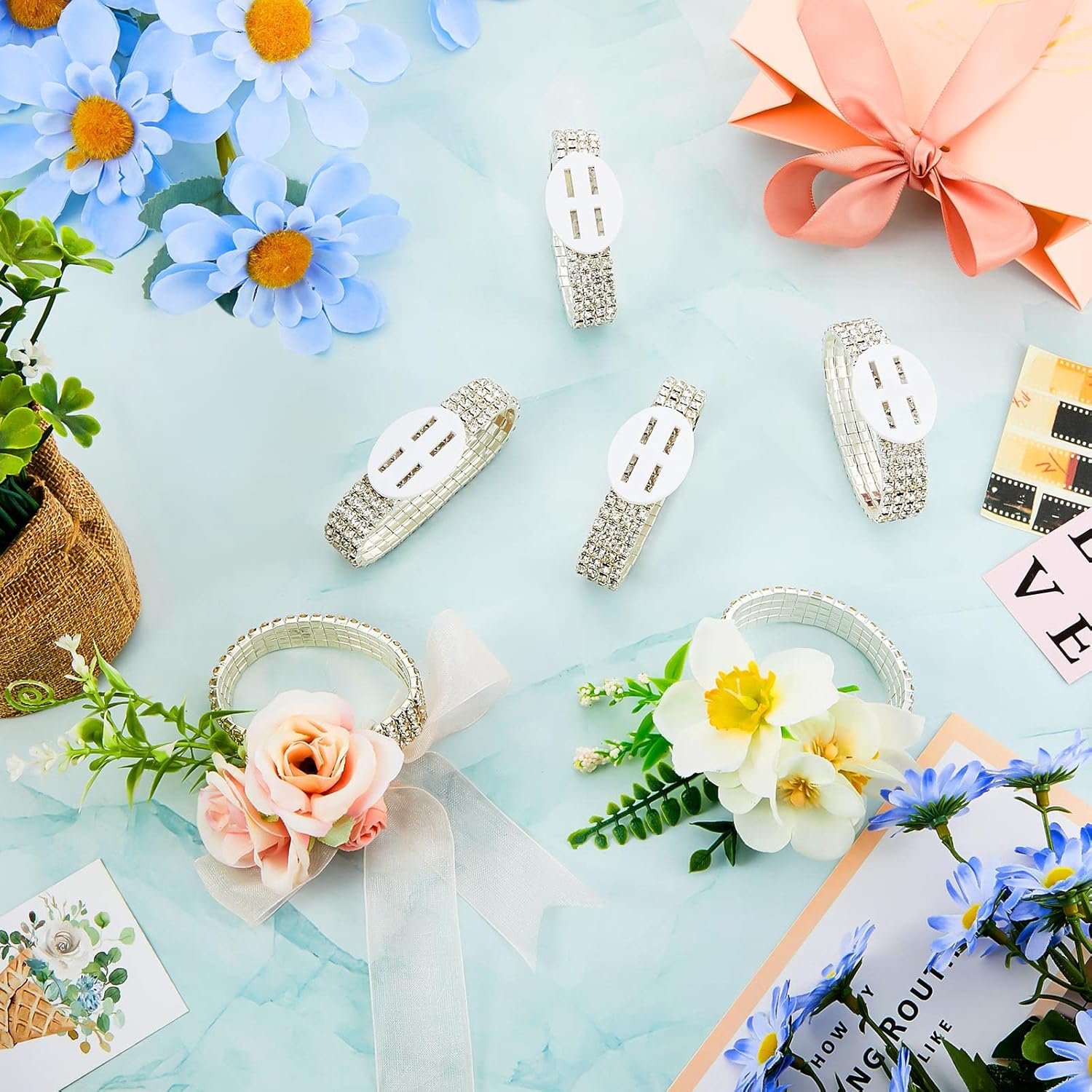 Wholesale 6 Pcs Rhinestone Corsage Wristlet Bands Stretch Elastic Bracelets for Wedding Prom Anniversary Decor (Silver) Supplier