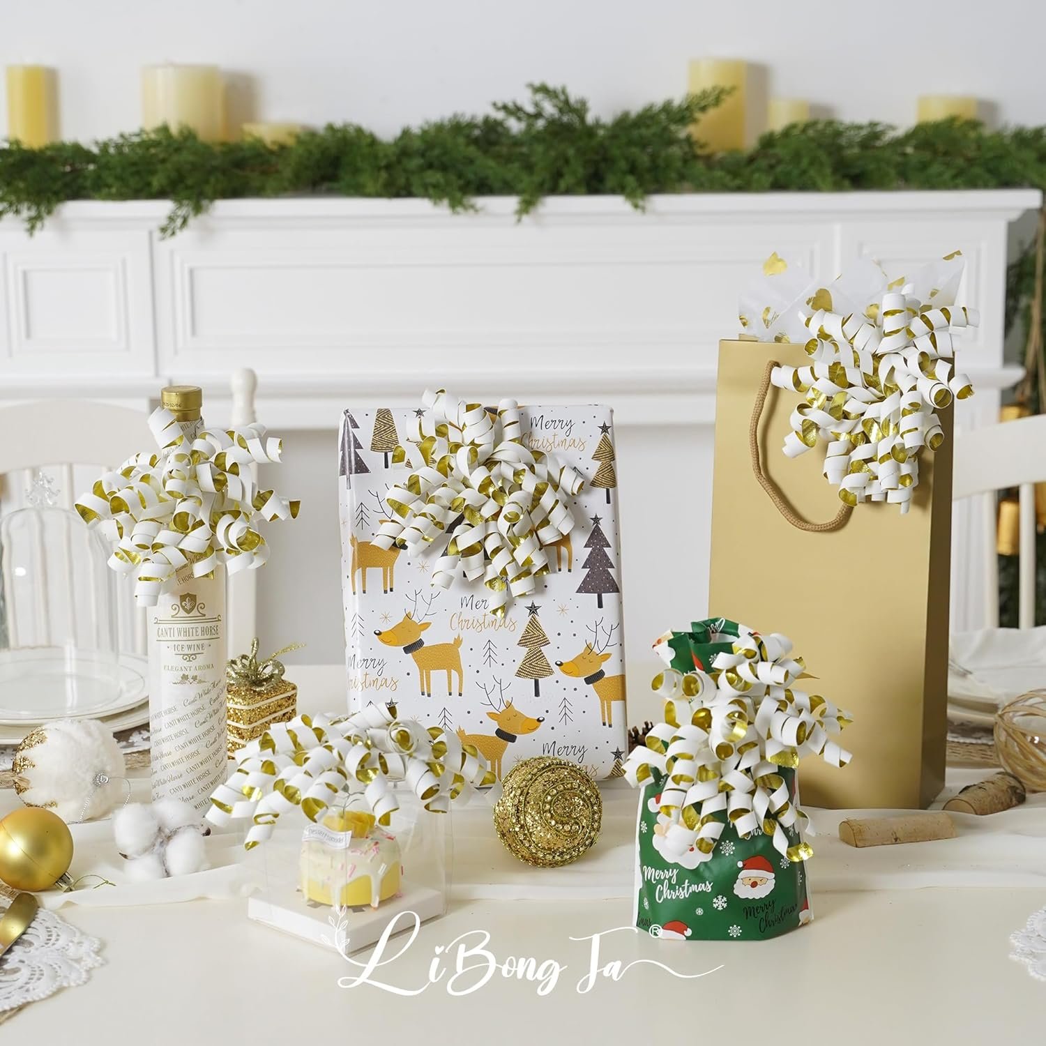 Wholesale 6 Inch x 12 Counts White Velvet Ribbon Bows Golden Back Curly Self Adhesive for Gift Wrapping Wedding Baby Shower Valentine Presents Baskets Wine Bottles Treat Bags Supplier