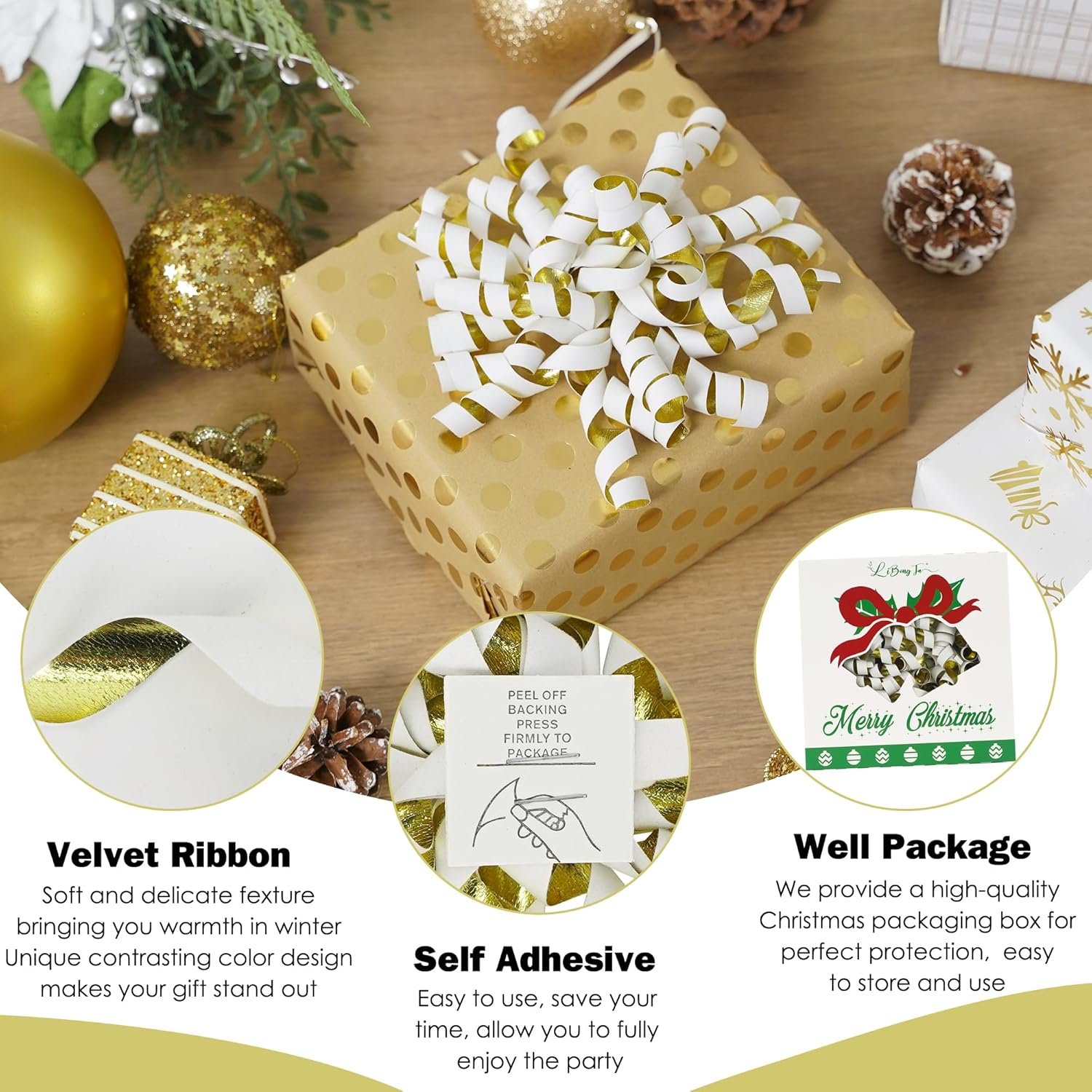 Wholesale 6 Inch x 12 Counts White Velvet Ribbon Bows Golden Back Curly Self Adhesive for Gift Wrapping Wedding Baby Shower Valentine Presents Baskets Wine Bottles Treat Bags Supplier