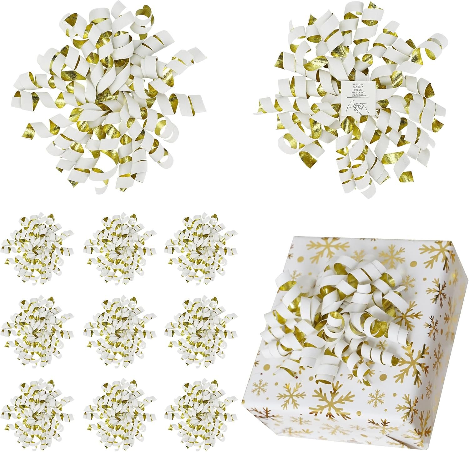 6 Inch x 12 Counts White Velvet Ribbon Bow with Golden Back Curly Bows for Gift Wrapping, Wedding, Baby Shower, Self Adhesive Valentine Bows for Presents, Baskets, Wine Bottles, Treat Bags