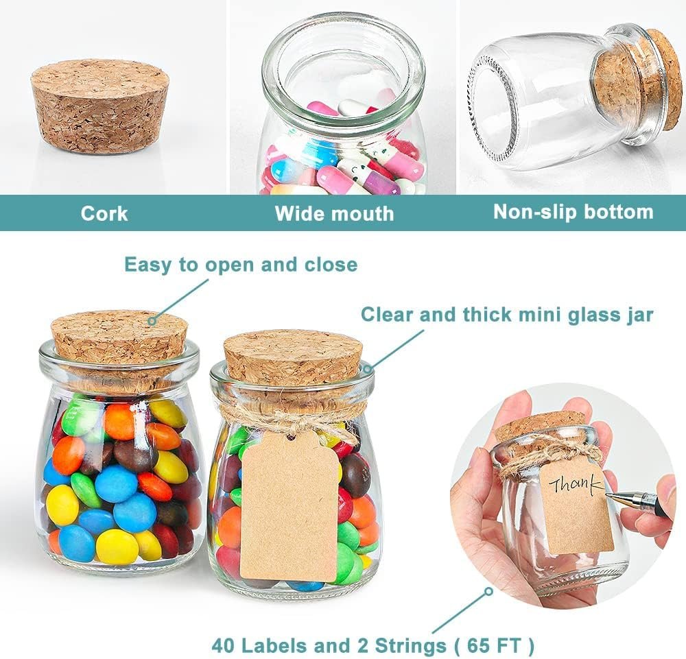 Wholesale 40 Pack 3.4 oz Glass Favor Jars with Cork Lids Small Bottles for Wedding Baby Shower Party Candy Gifts Bonus Twine Labels Supplier Wholesale 40 Pack 3.4 oz Glass Favor Jars with Cork Lids Small Bottles for Wedding Baby Shower Party Candy Gifts Bonus Twine Labels Supplier