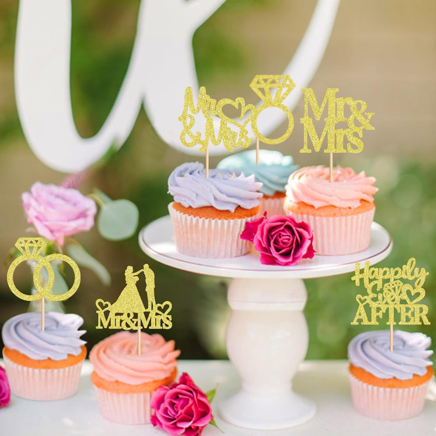 Wholesale 24 PCS Mr & Mrs Cupcake Toppers Wedding Engagement Party Picks Bridal Shower Anniversary Cake Decorations Supplier