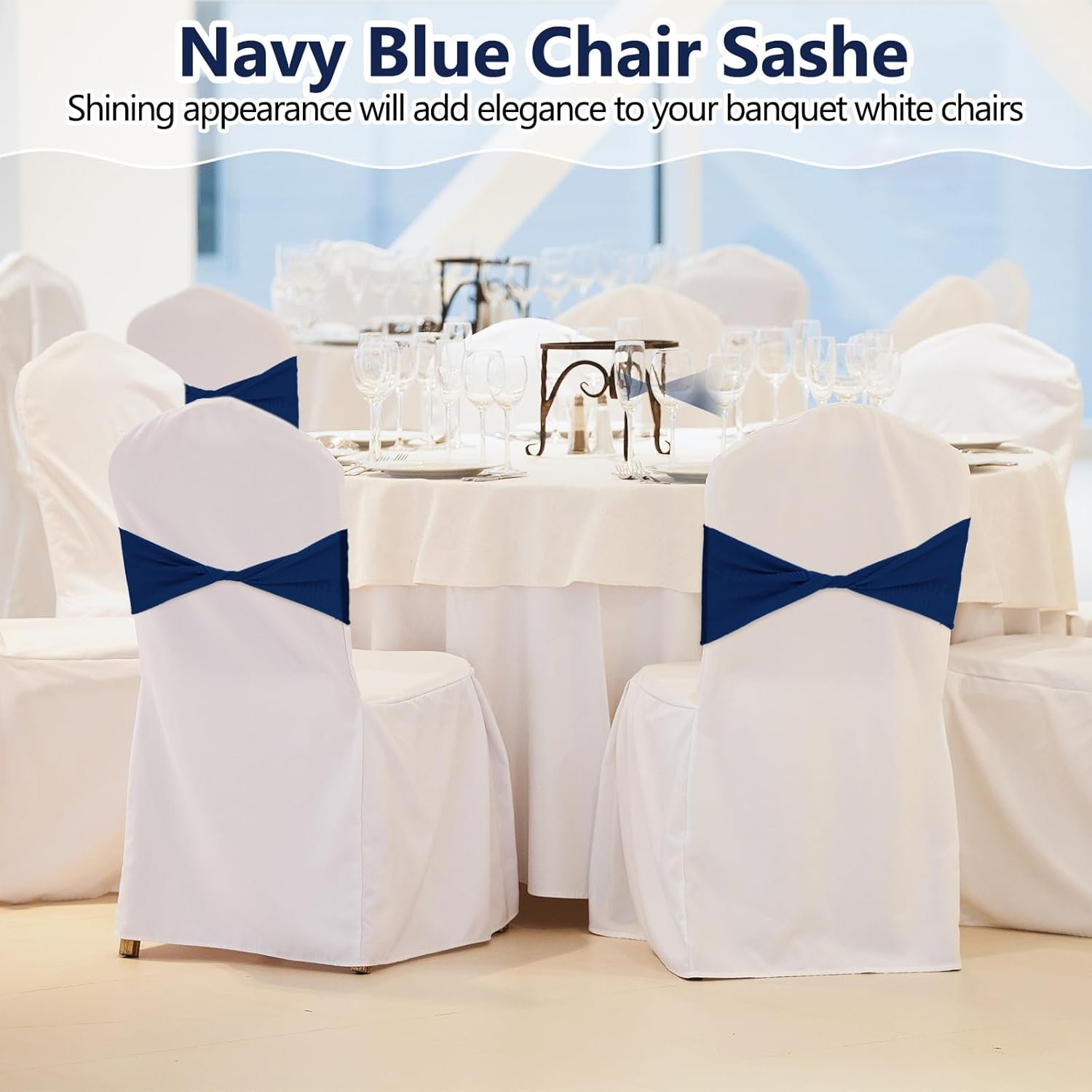 Wholesale 150 Pcs Spandex Chair Sashes Bows Stretch Elastic Bands Ties Sliders Without Buckle Wedding Party Events Decor Navy Blue Supplier