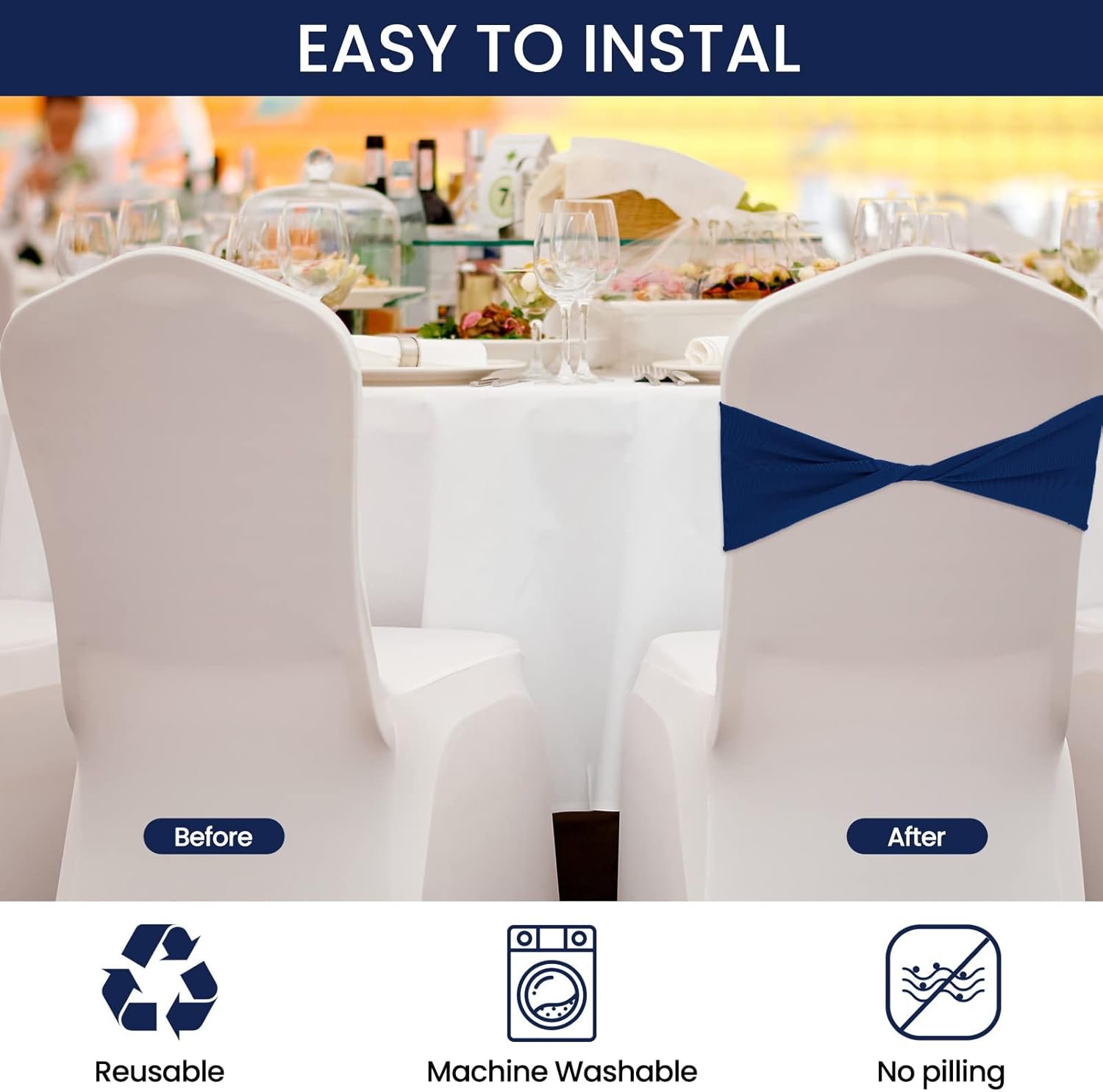 Wholesale 150 Pcs Spandex Chair Sashes Bows Stretch Elastic Bands Ties Sliders Without Buckle Wedding Party Events Decor Navy Blue Supplier