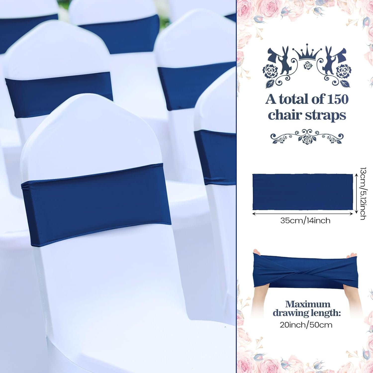 Wholesale 150 Pcs Spandex Chair Sashes Bows Stretch Elastic Bands Ties Sliders Without Buckle Wedding Party Events Decor Navy Blue Supplier
