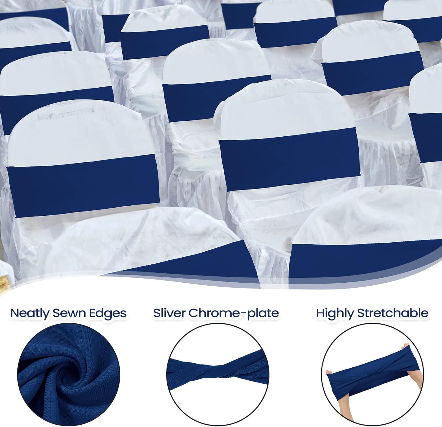 Wholesale 150 Pcs Spandex Chair Sashes Bows Stretch Elastic Bands Ties Sliders Without Buckle Wedding Party Events Decor Navy Blue Supplier